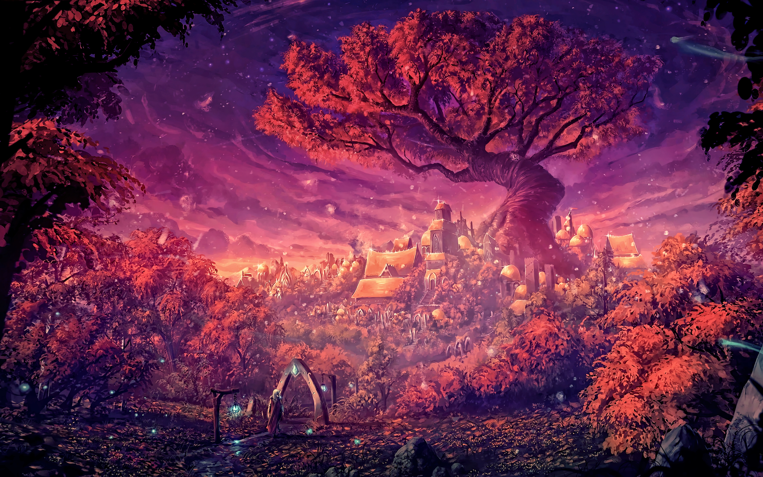 Fantasy art of a magical city nestled among trees HD Wallpaper