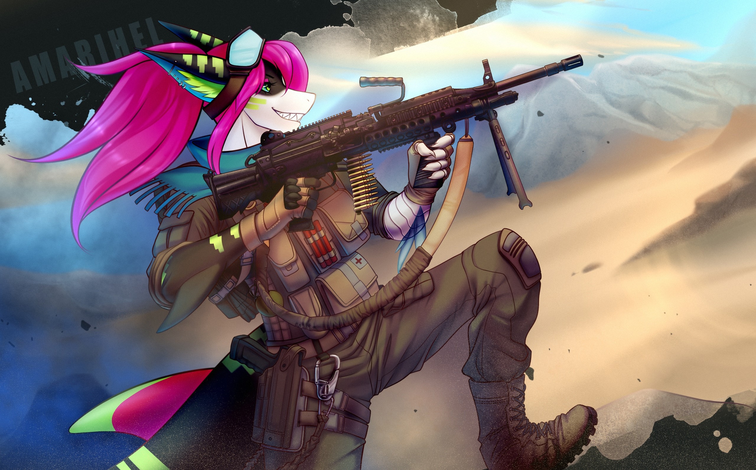 Furry warrior with machine gun in desert HD Wallpaper