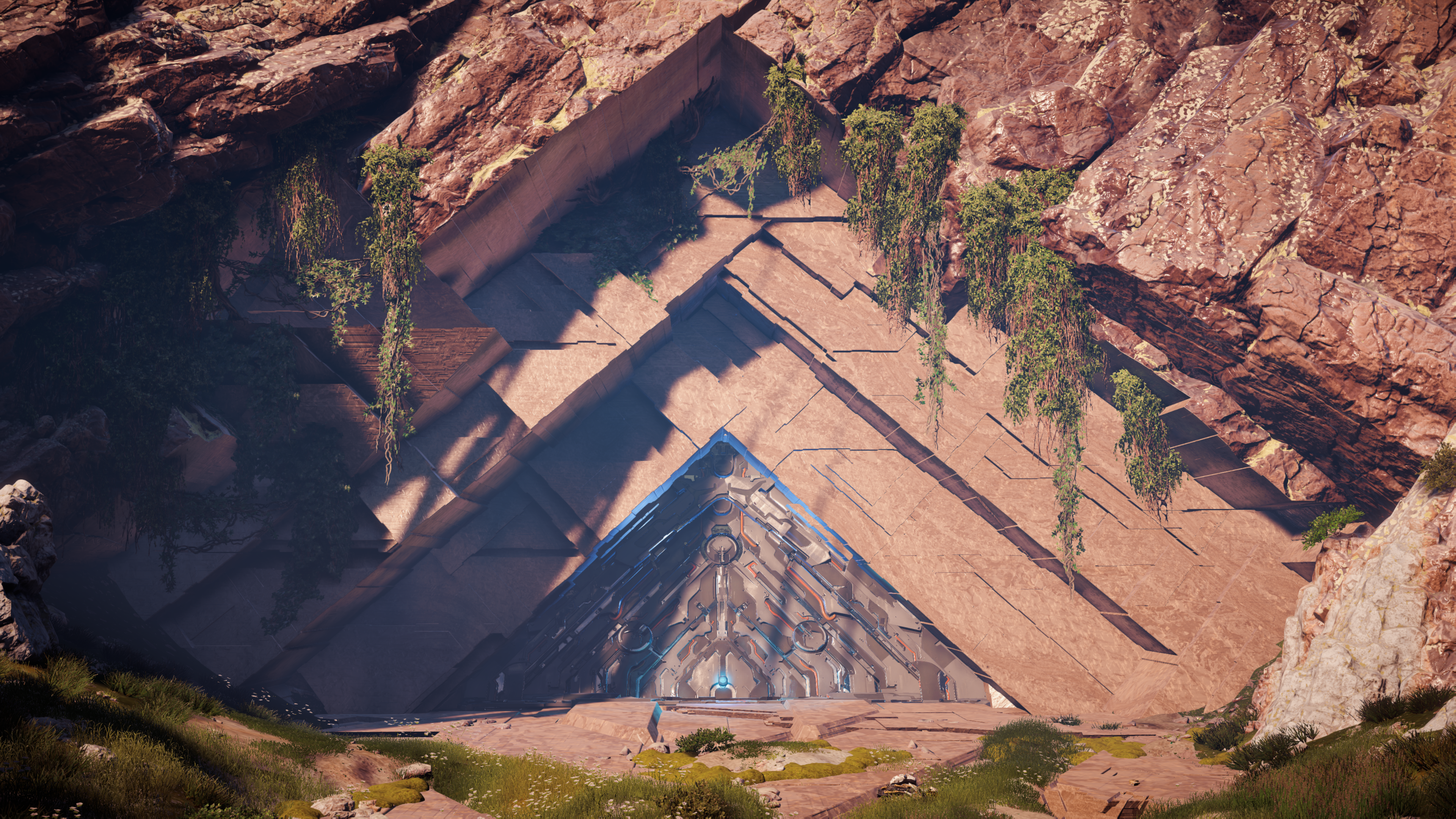 Overgrown triangular structure in a rocky cave, Horizon Zero Dawn HD Wallpaper