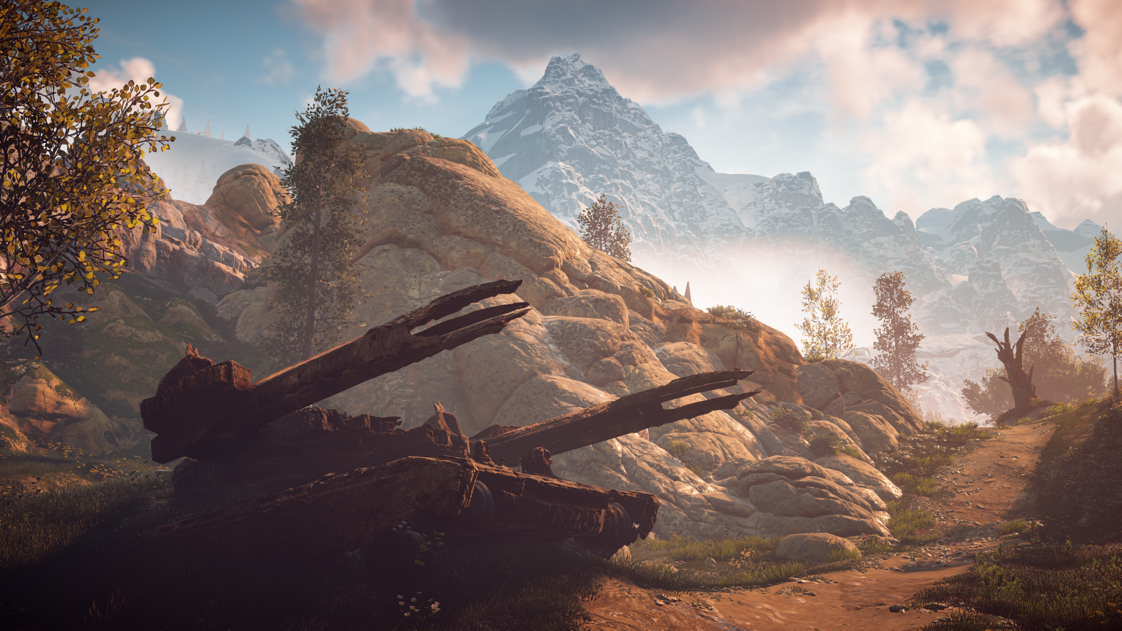 Horizon Zero Dawn tank wreck in mountains HD Wallpaper