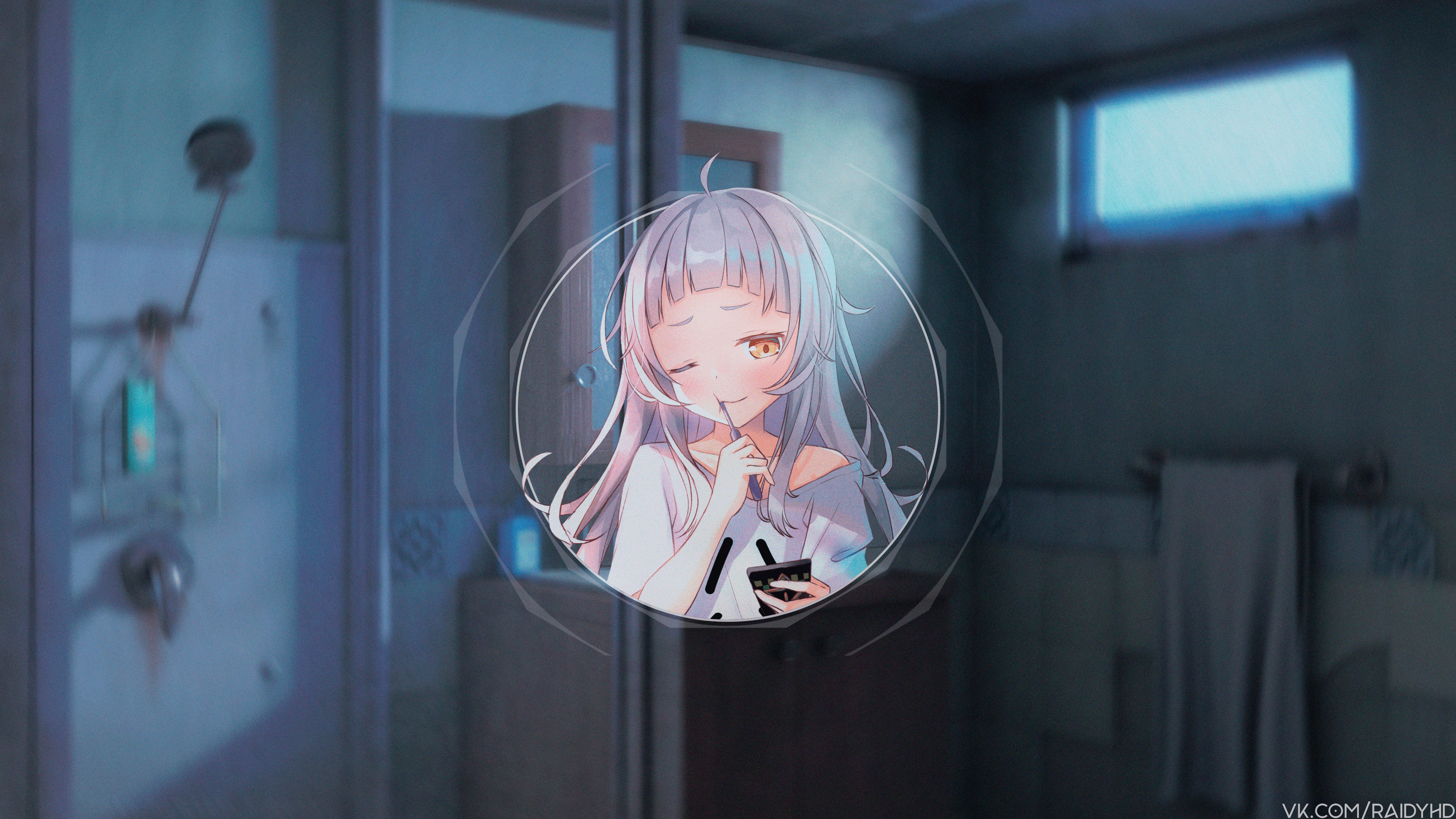 Anime girl in bathroom with toothbrush HD Wallpaper