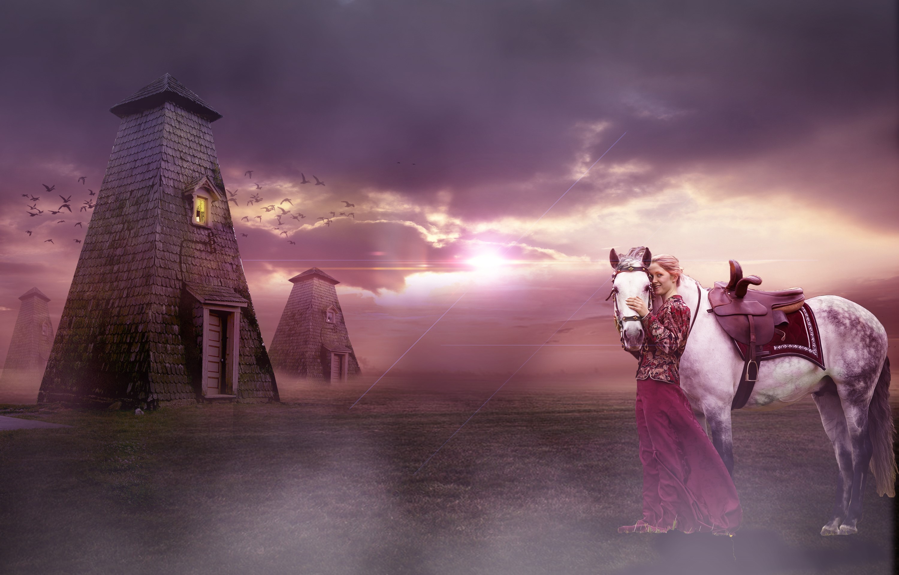 Fantasy girl with horse and strange towers at sunset HD Wallpaper