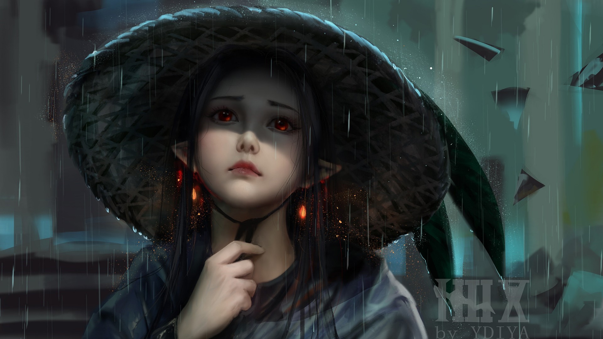 Girl with red eyes and elf ears in the rain HD Wallpaper