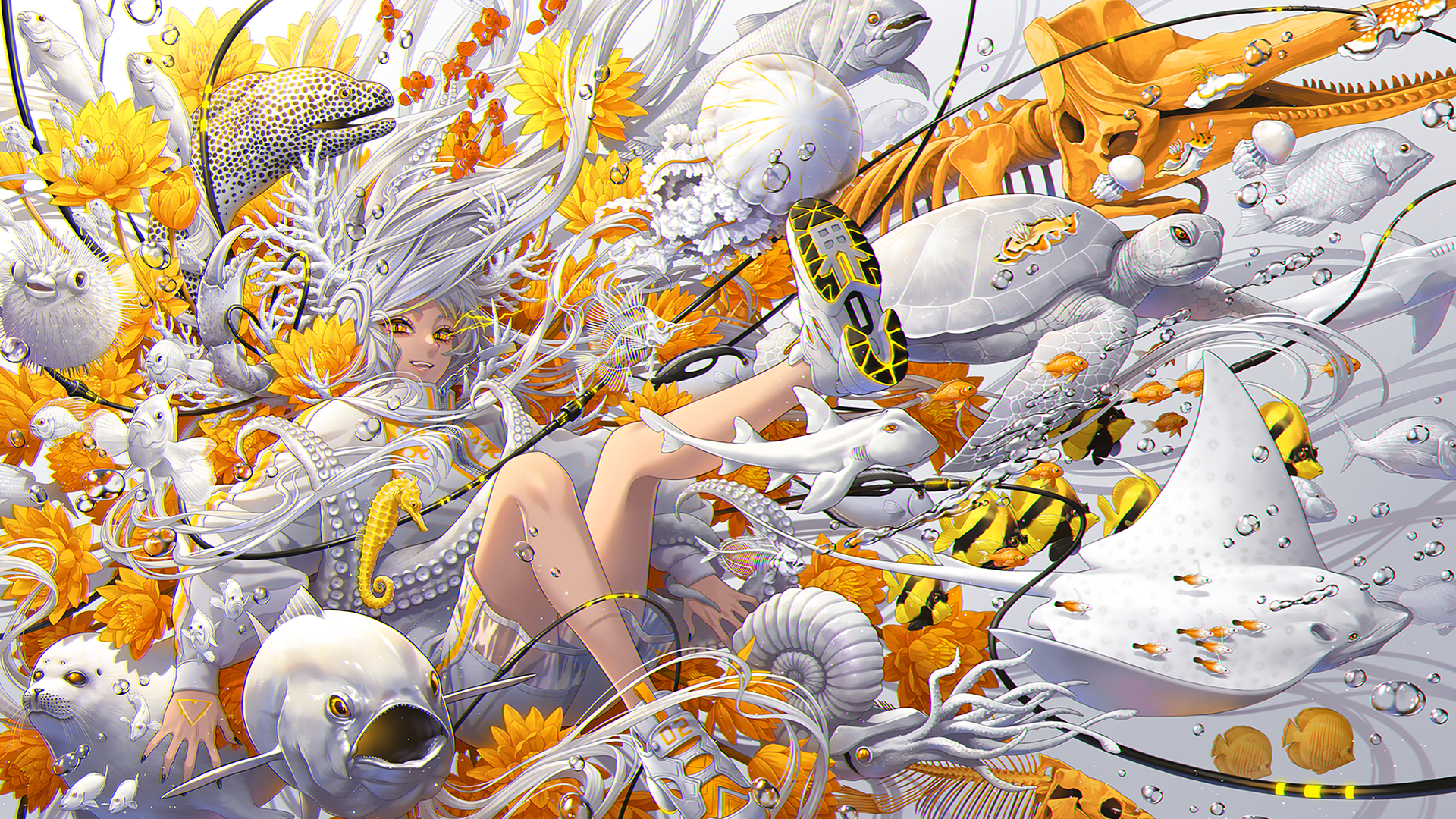 Anime girl with white hair surrounded by sea creatures and flowers HD Wallpaper