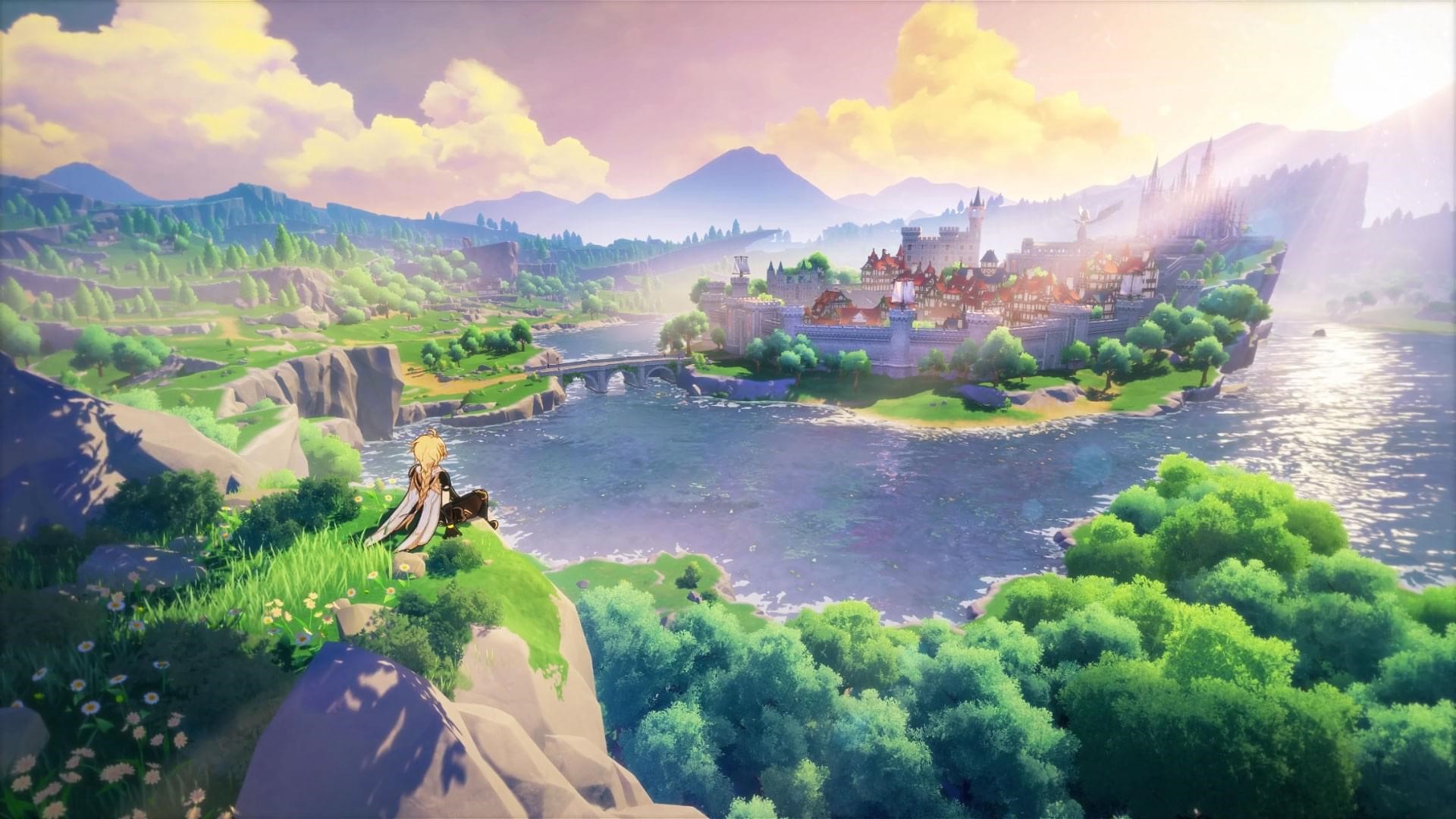 Aether overlooking Mondstadt from a cliff HD Wallpaper