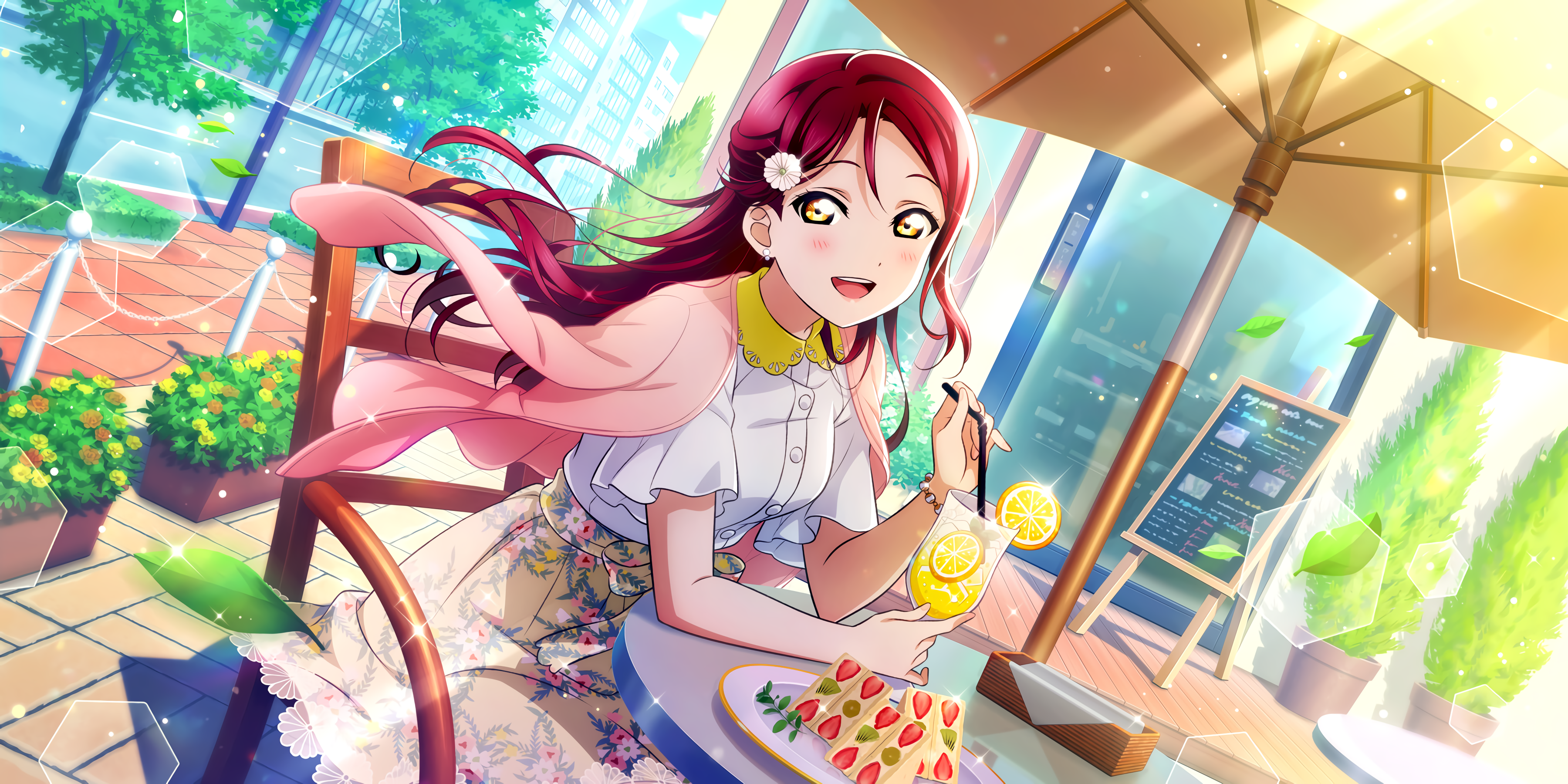 Sakurauchi Riko from Love Live! Sunshine!! enjoying a drink and dessert HD Wallpaper