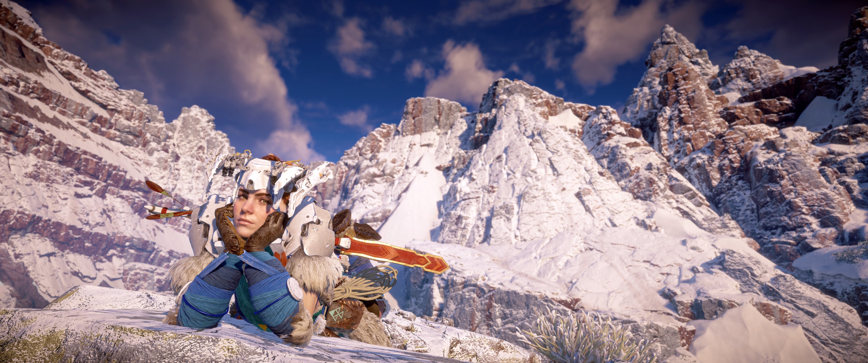 Aloy from Horizon Zero Dawn in snowy mountains HD Wallpaper