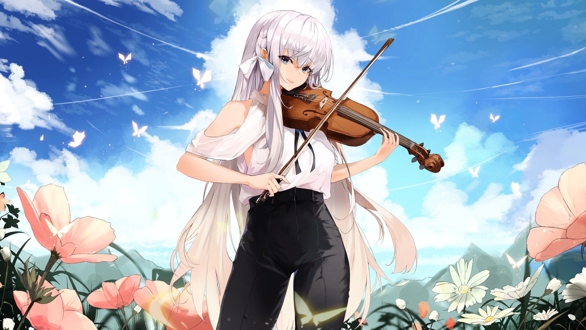 Anime girl with silver hair playing violin among flowers HD Wallpaper