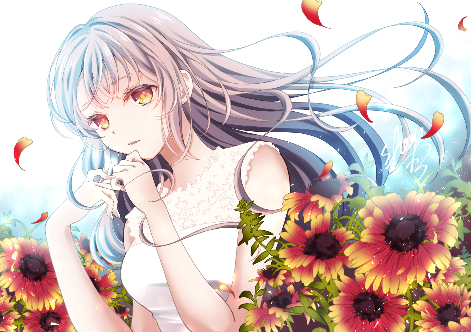 Anime girl with white dress and sunflowers HD Wallpaper