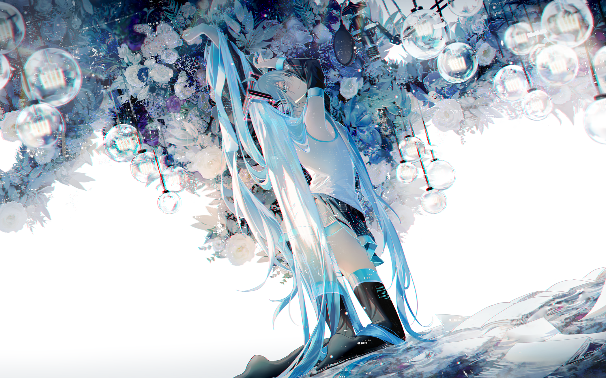 Hatsune Miku with flowers and light bulbs HD Wallpaper