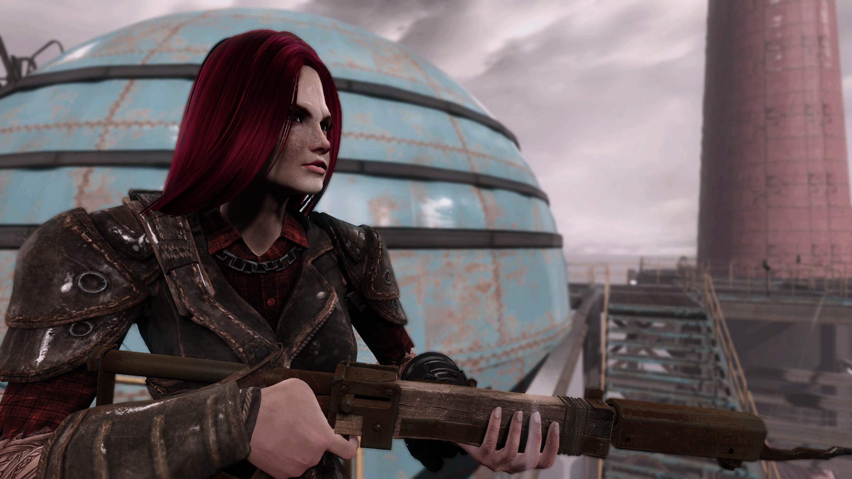 Woman with red hair holding a rifle in a wasteland HD Wallpaper