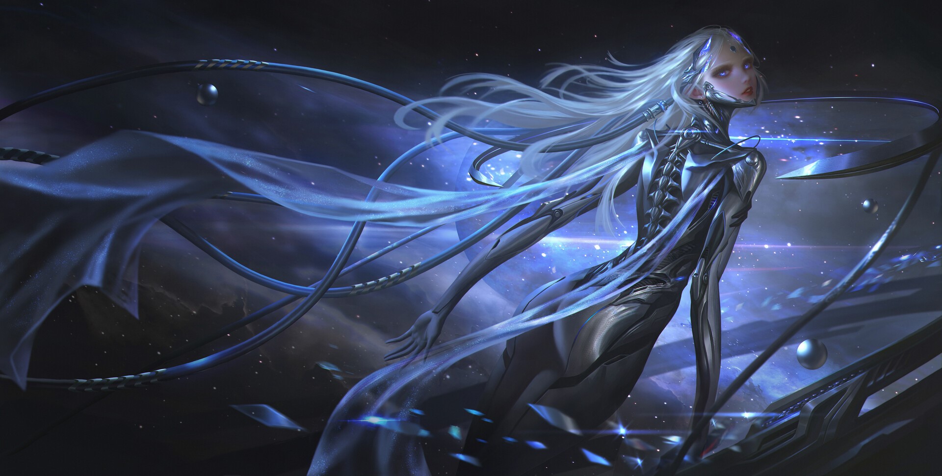 Cyborg woman with flowing hair in space HD Wallpaper