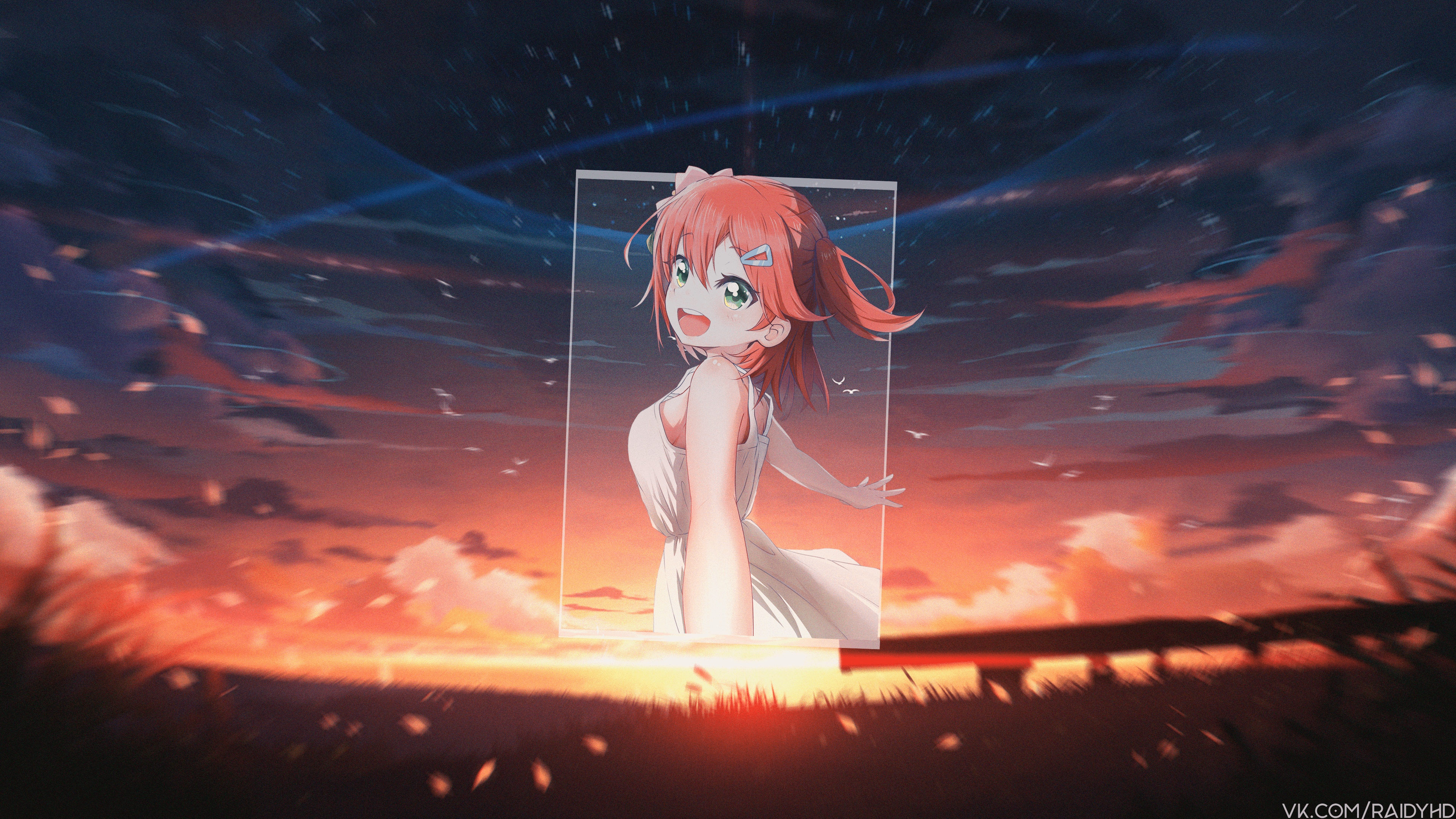 Anime girl in a white dress against a sunset HD Wallpaper