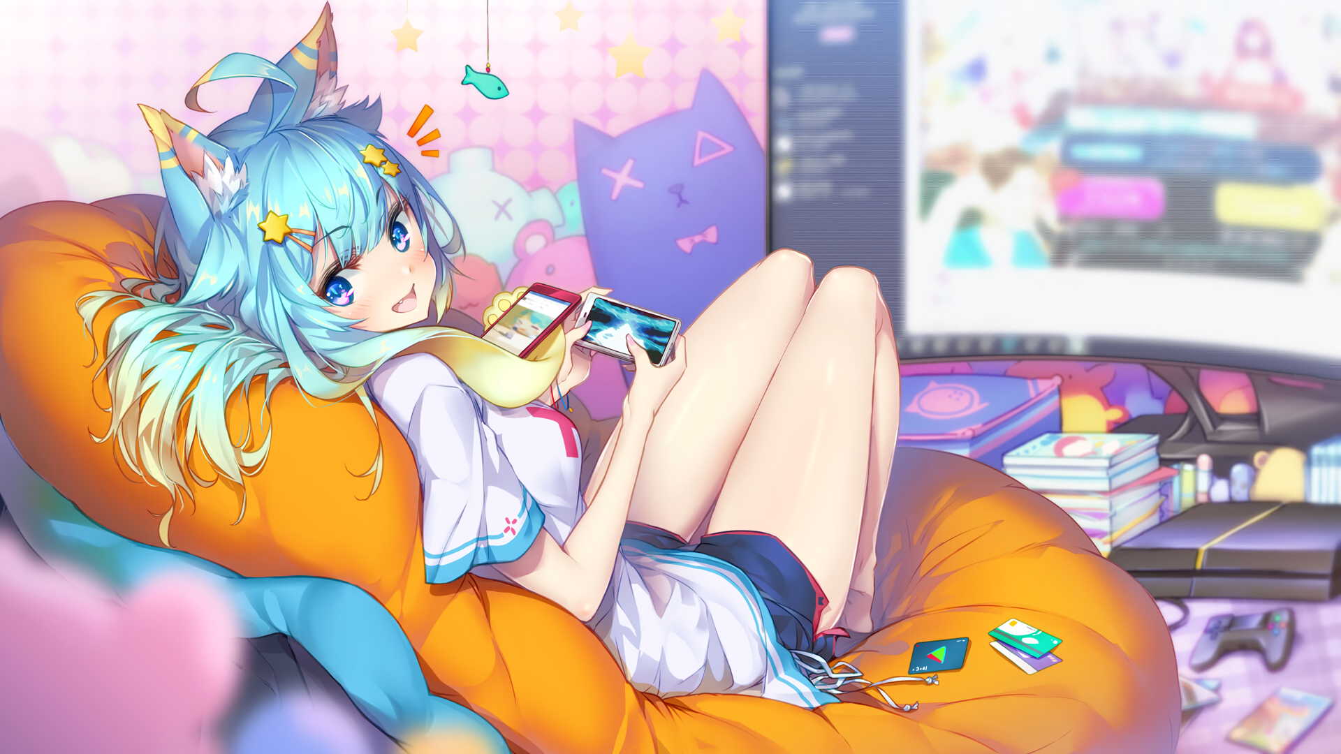 Anime girl with aqua hair and animal ears playing games HD Wallpaper