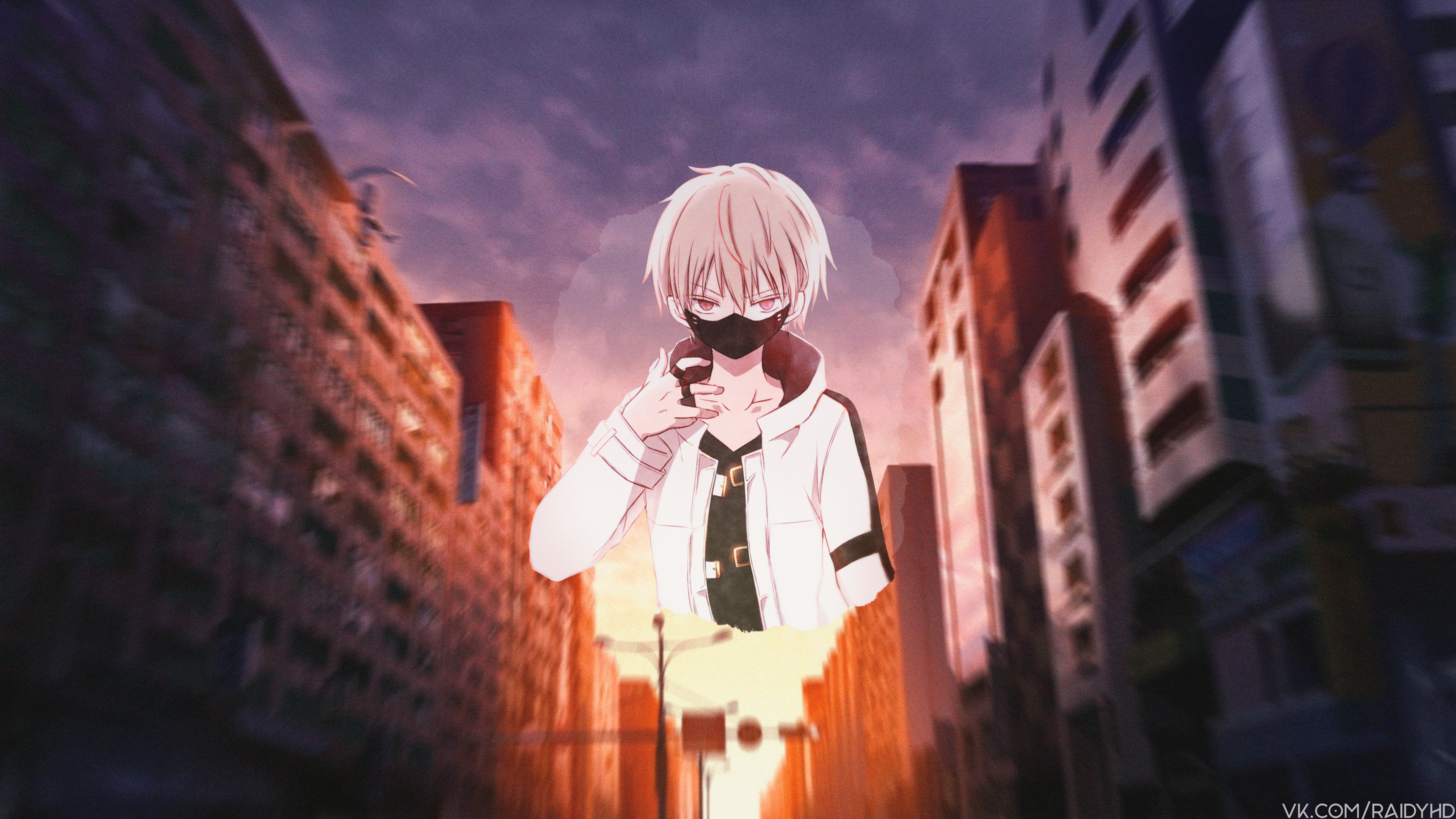 Anime boy with mask at sunset in city HD Wallpaper