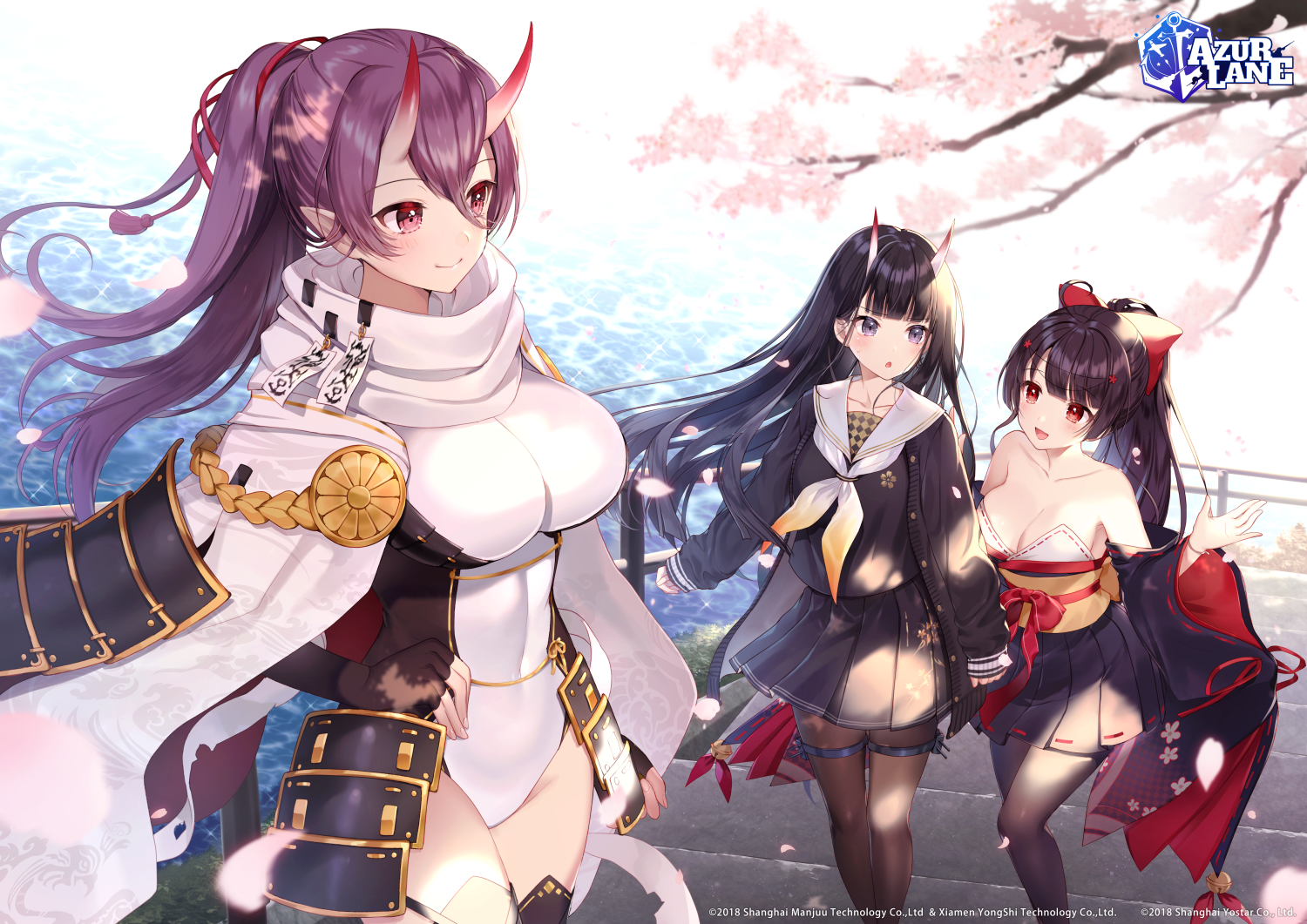 Azur Lane: Izumo, Noshiro, and Momoshiki Tsubaki with Cherry Blossoms HD Wallpaper