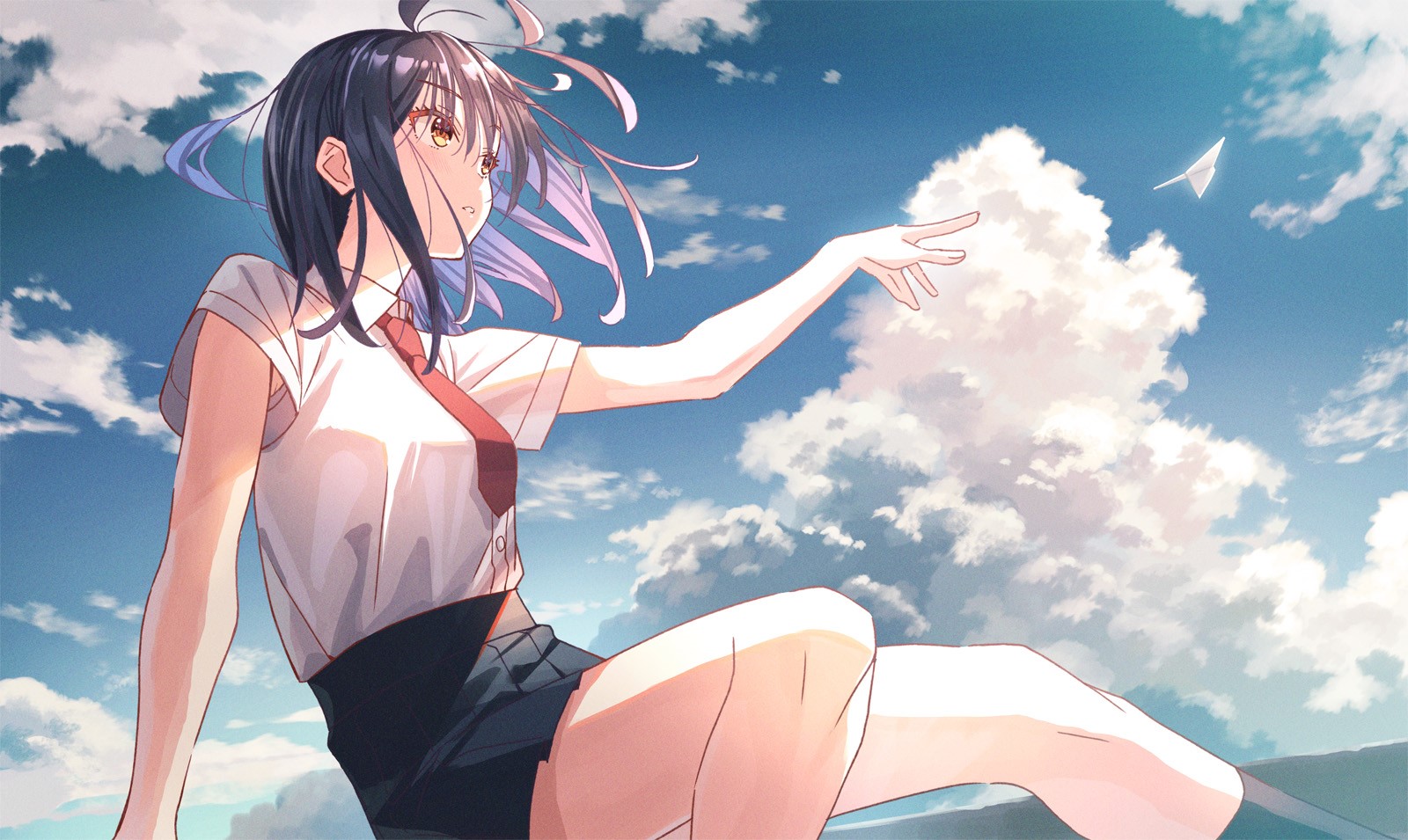 Anime girl in school uniform with paper airplane in the sky HD Wallpaper