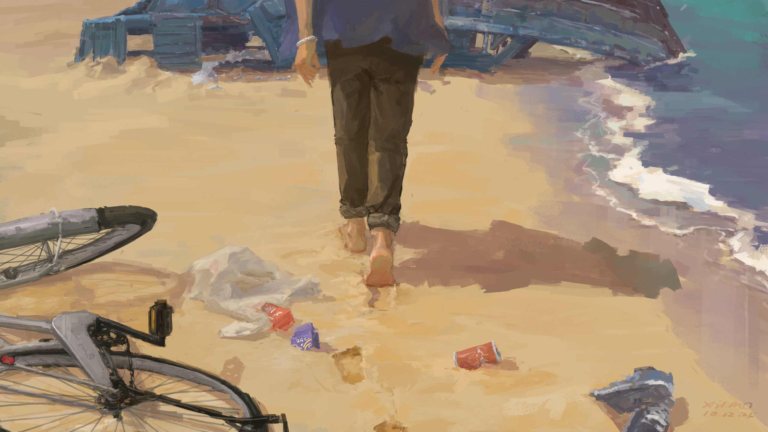 Person walking on a beach with a bicycle and debris HD Wallpaper