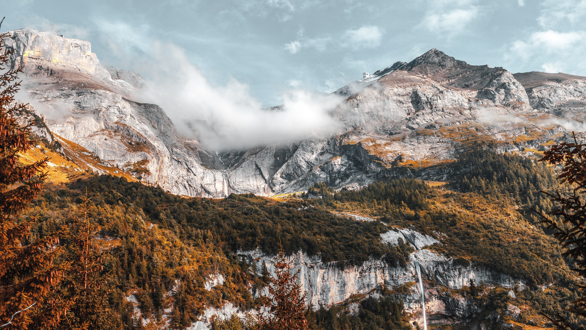 Majestic Alps mountains with autumn trees and clouds HD Wallpaper