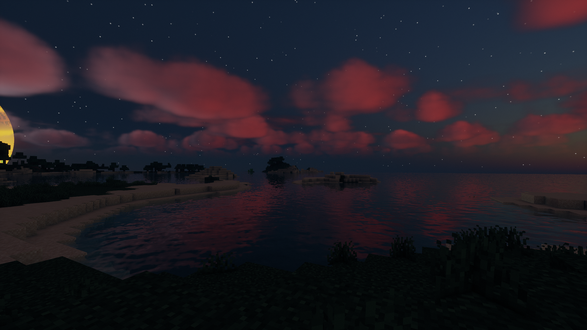 Minecraft sunset over a tranquil ocean with islands HD Wallpaper