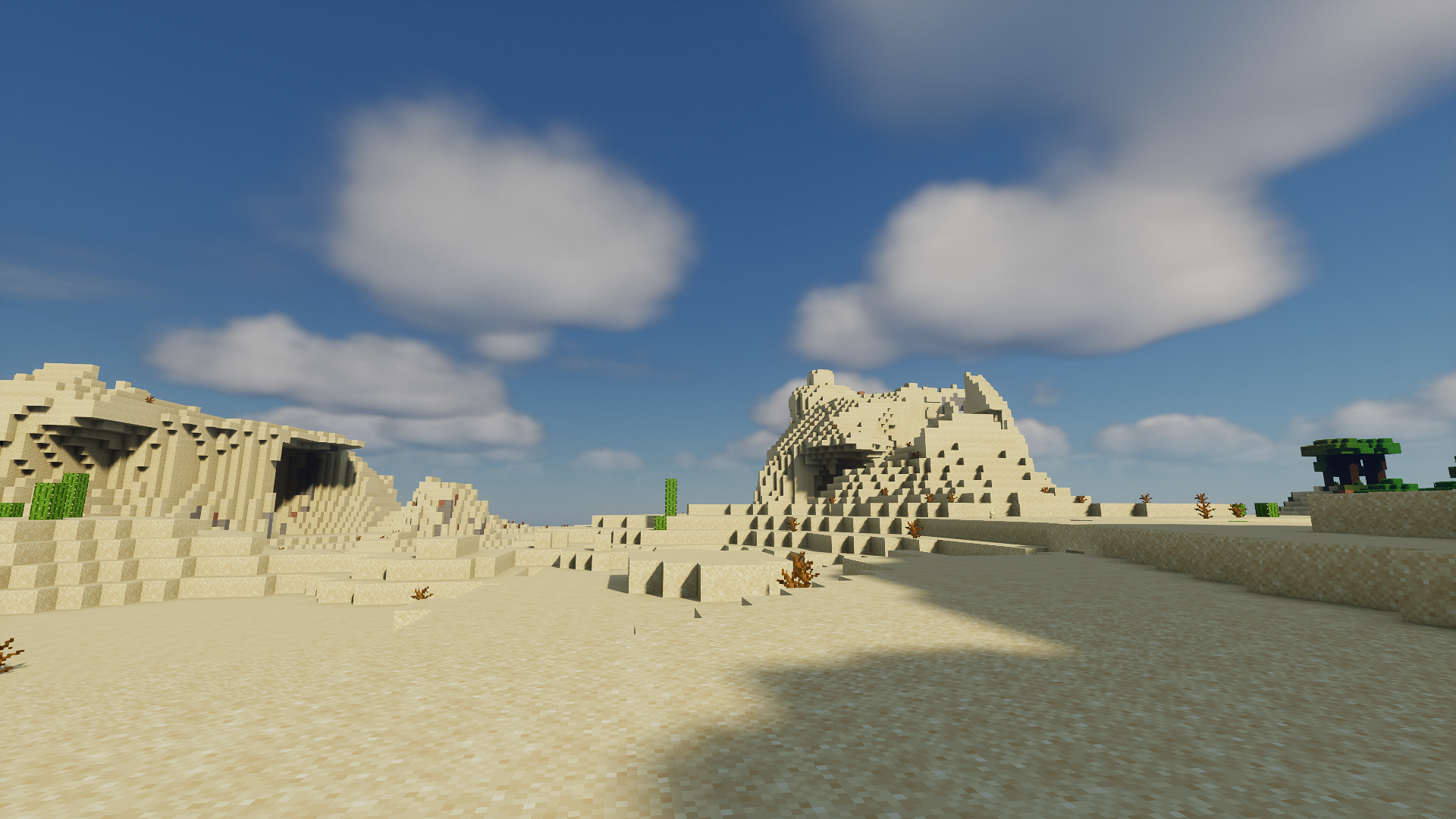 Minecraft desert landscape with sand dunes and blue sky HD Wallpaper
