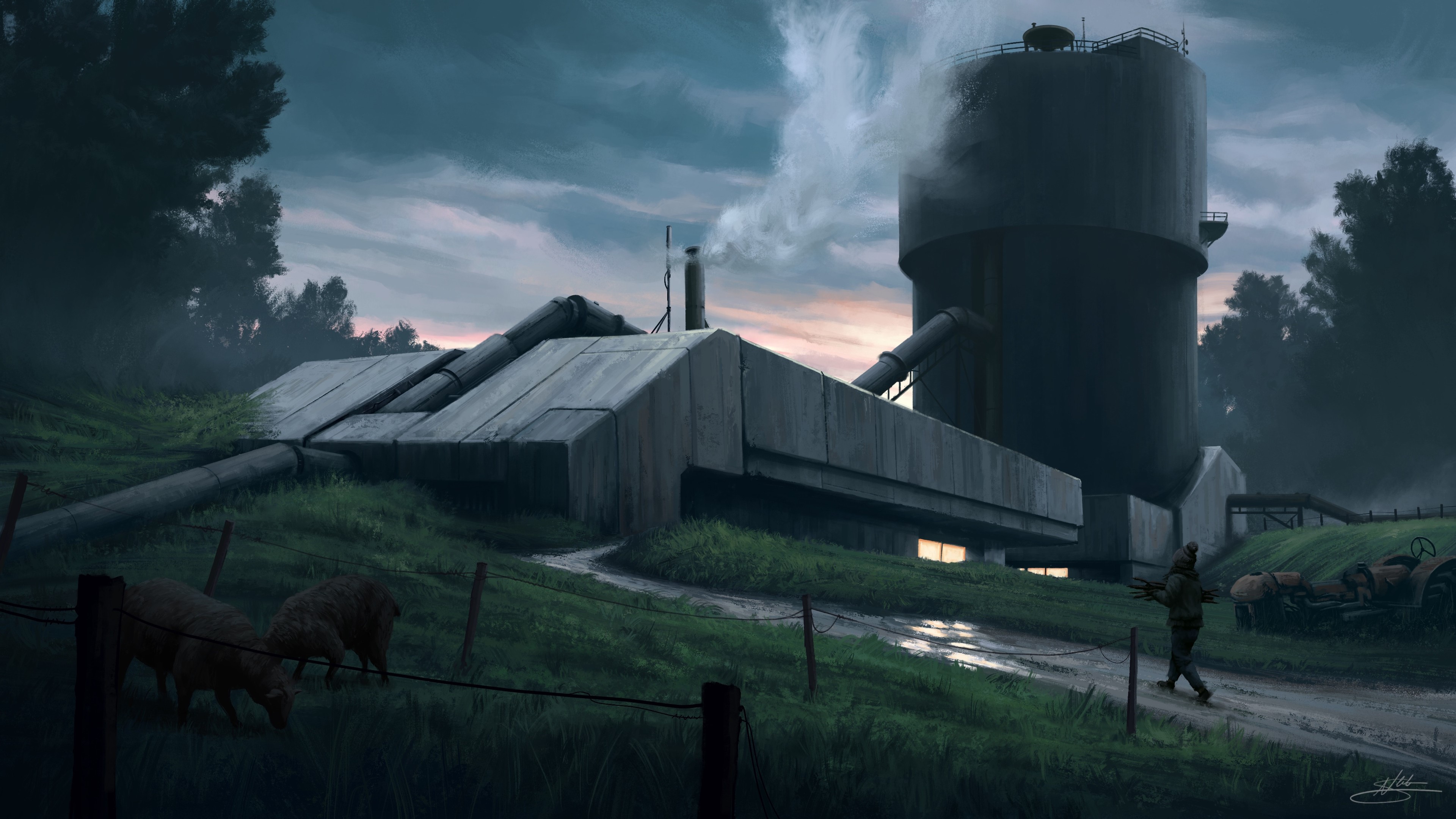 Industrial building with smoke and sheep HD Wallpaper