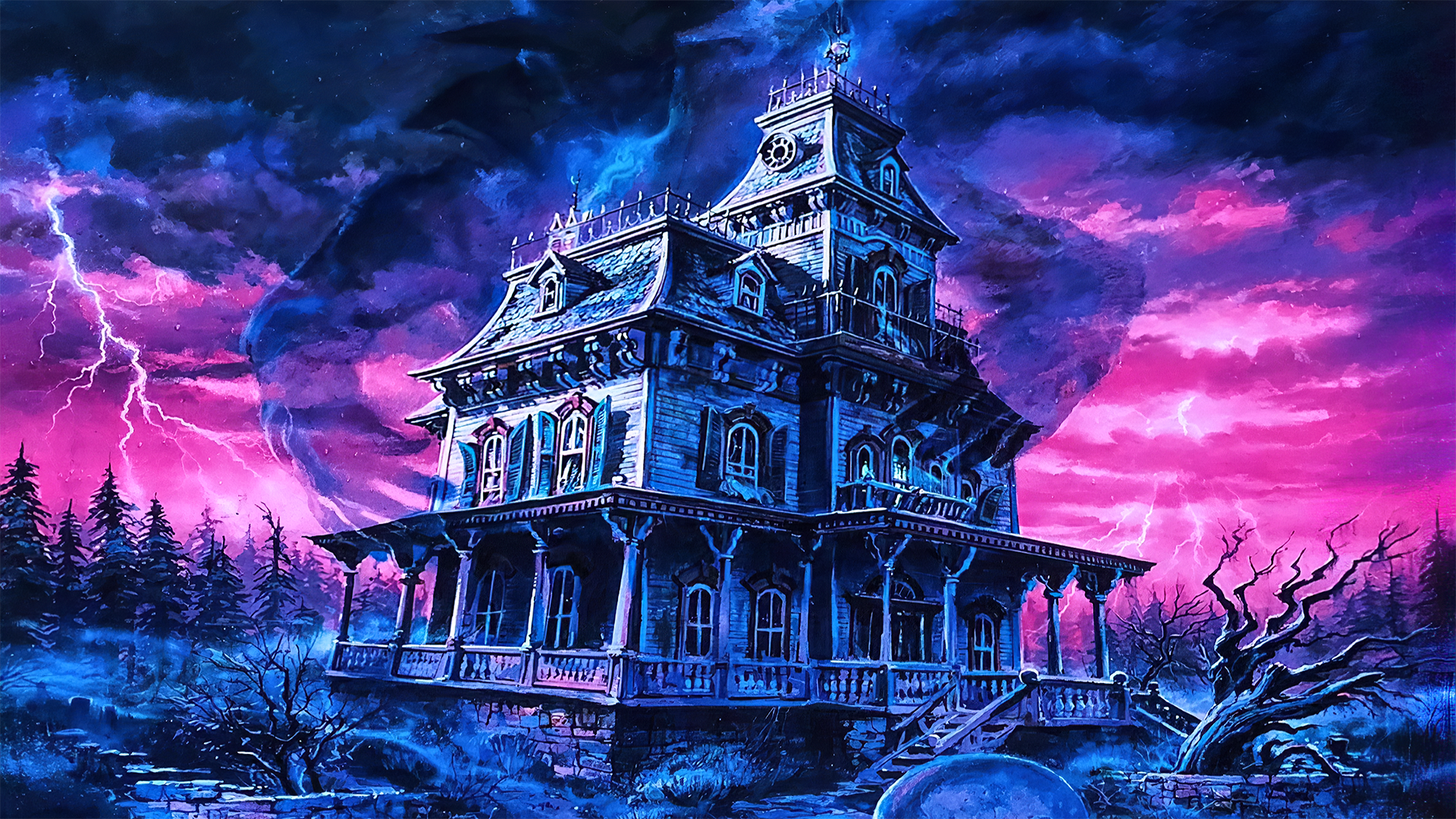 Haunted Mansion painting by Dan Goozee with lightning HD Wallpaper