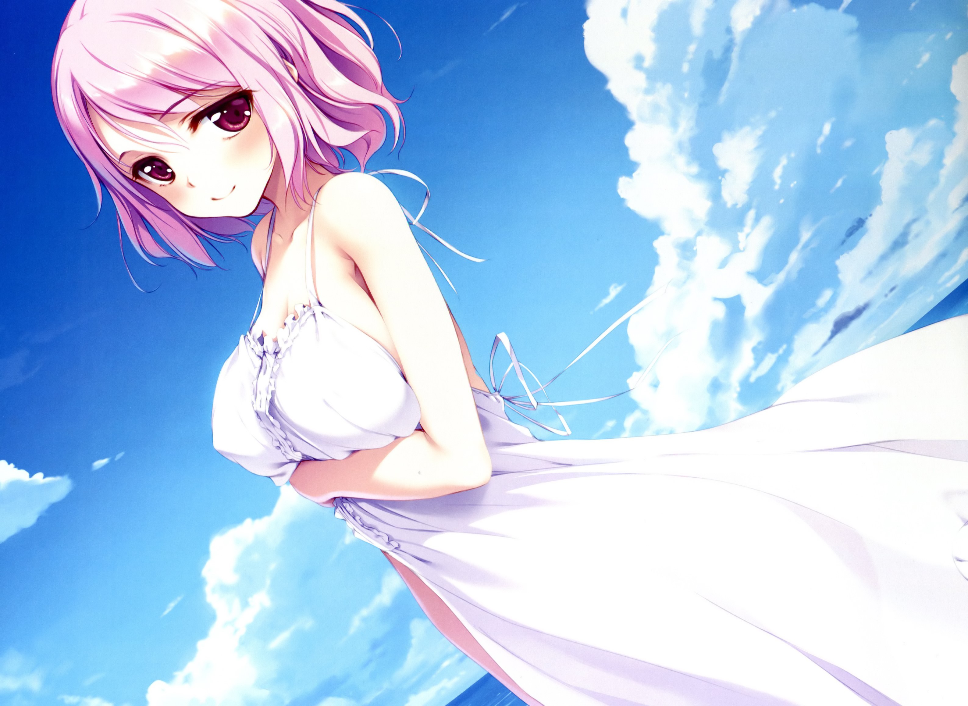 Anime girl with pink hair in a white dress under the sky HD Wallpaper
