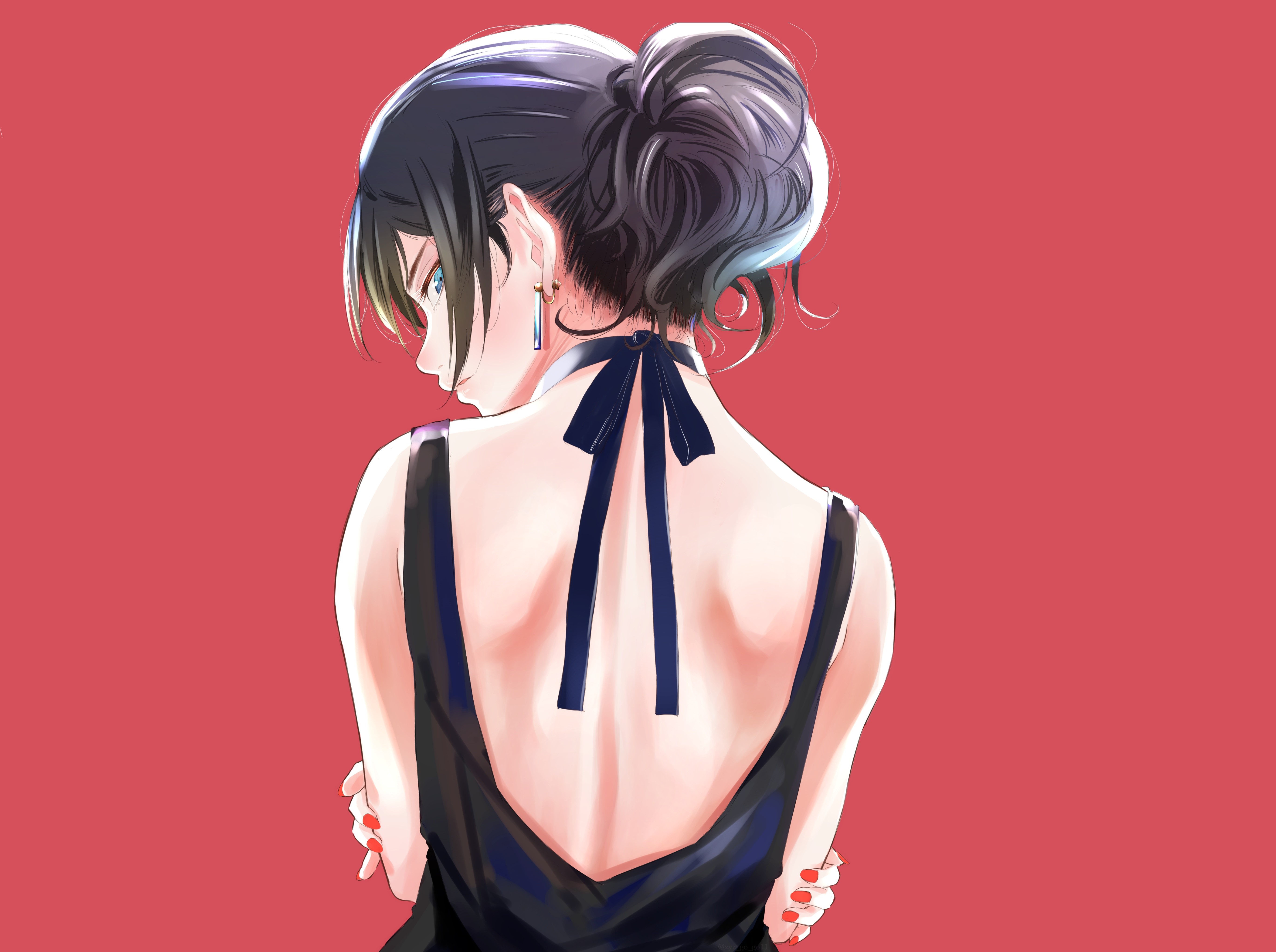 Anime girl with dark hair in a black dress HD Wallpaper