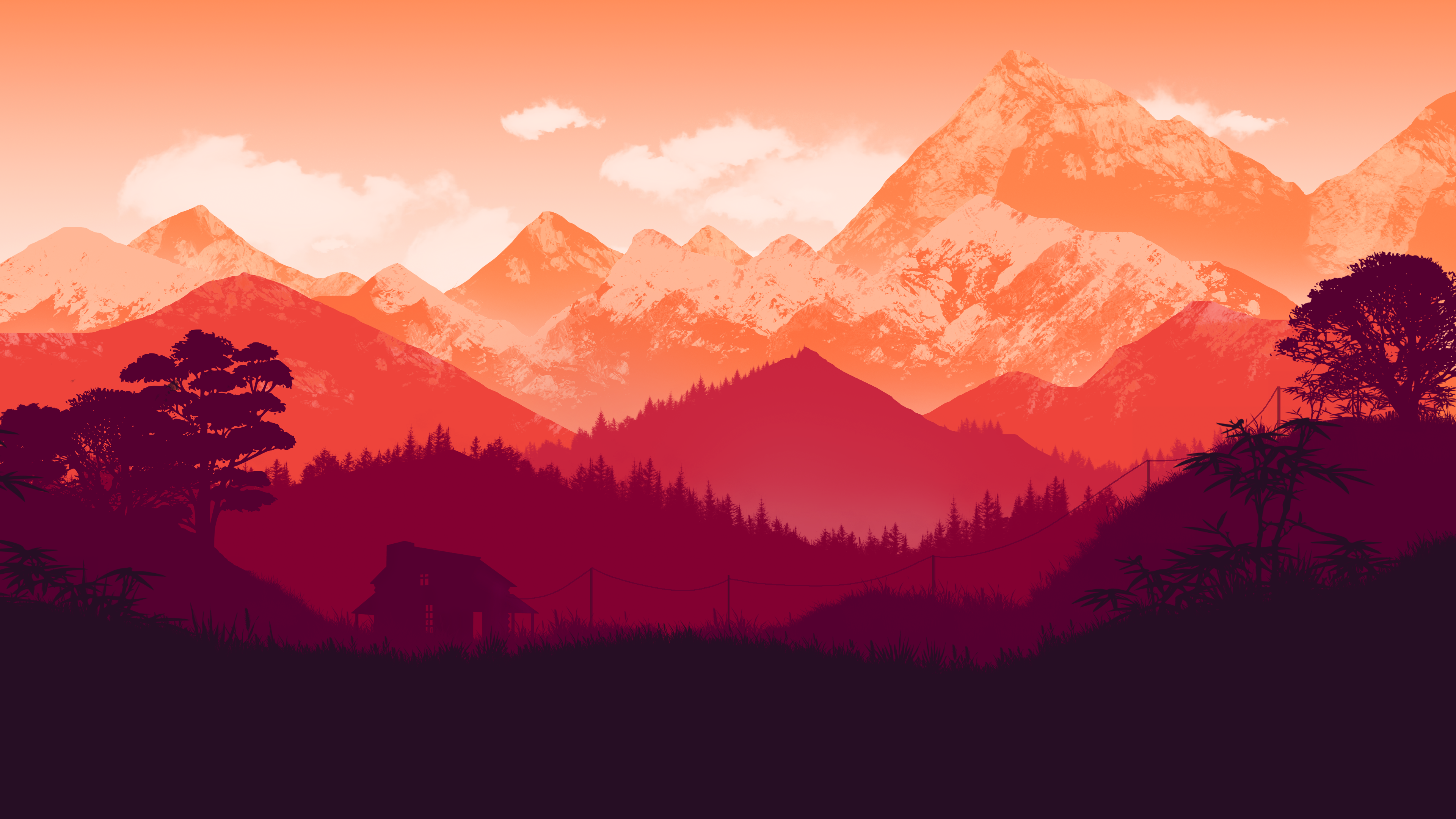 4K digital artwork of mountains at dusk with a house and forest HD Wallpaper