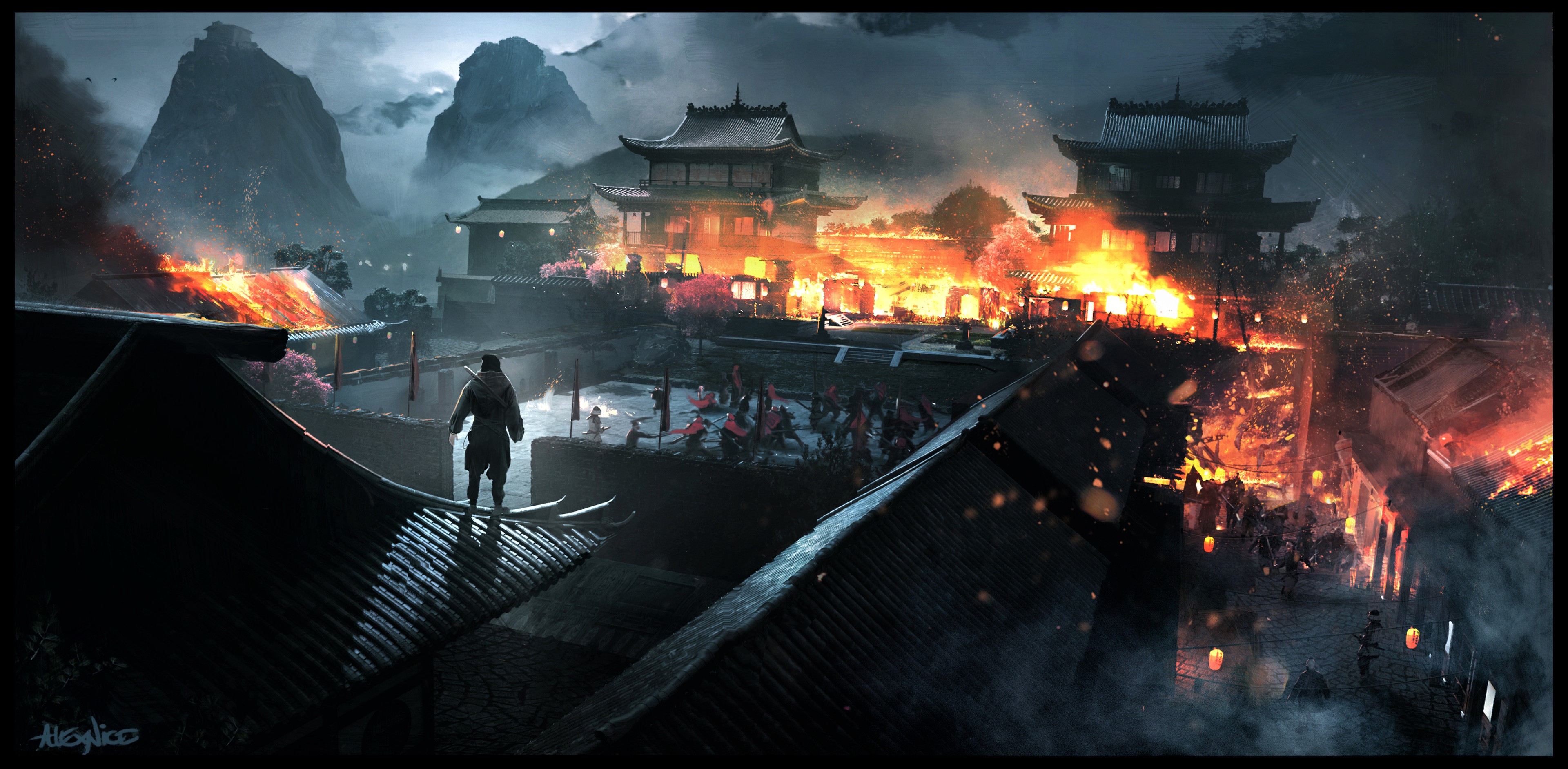 Artwork of a burning Japanese village with a lone figure on a rooftop HD Wallpaper