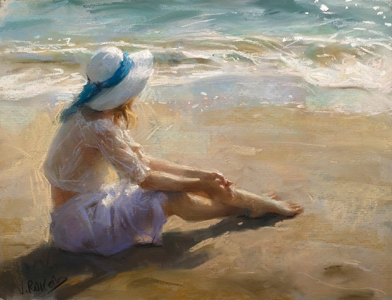 Woman in white dress and hat on beach by Vicente Romero Redondo HD Wallpaper