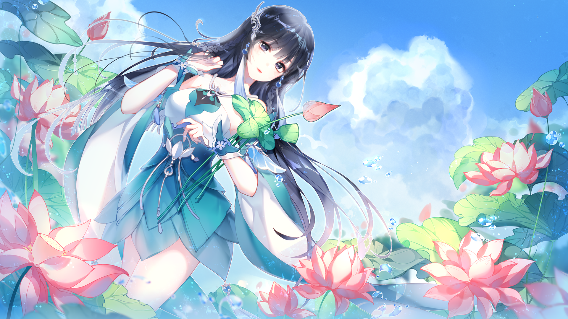 Anime girl with black hair and lotus flowers HD Wallpaper