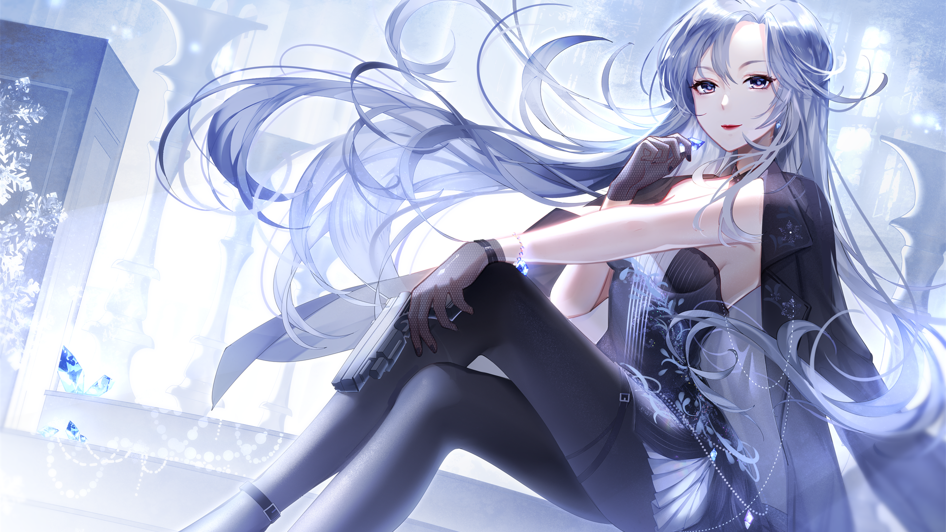 Anime girl with long hair holding a pistol HD Wallpaper