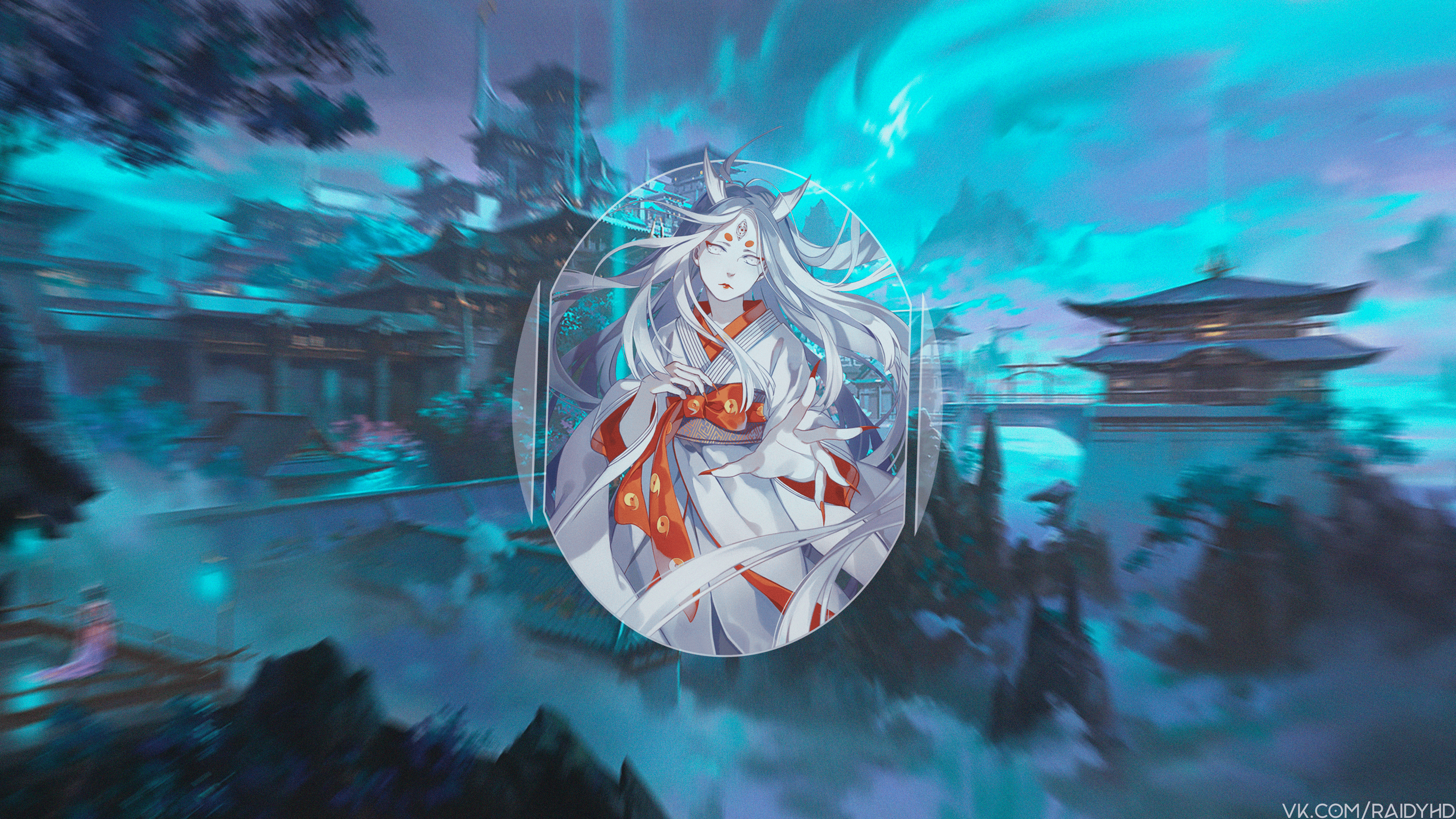 Anime girl with horns in a Japanese-style village HD Wallpaper