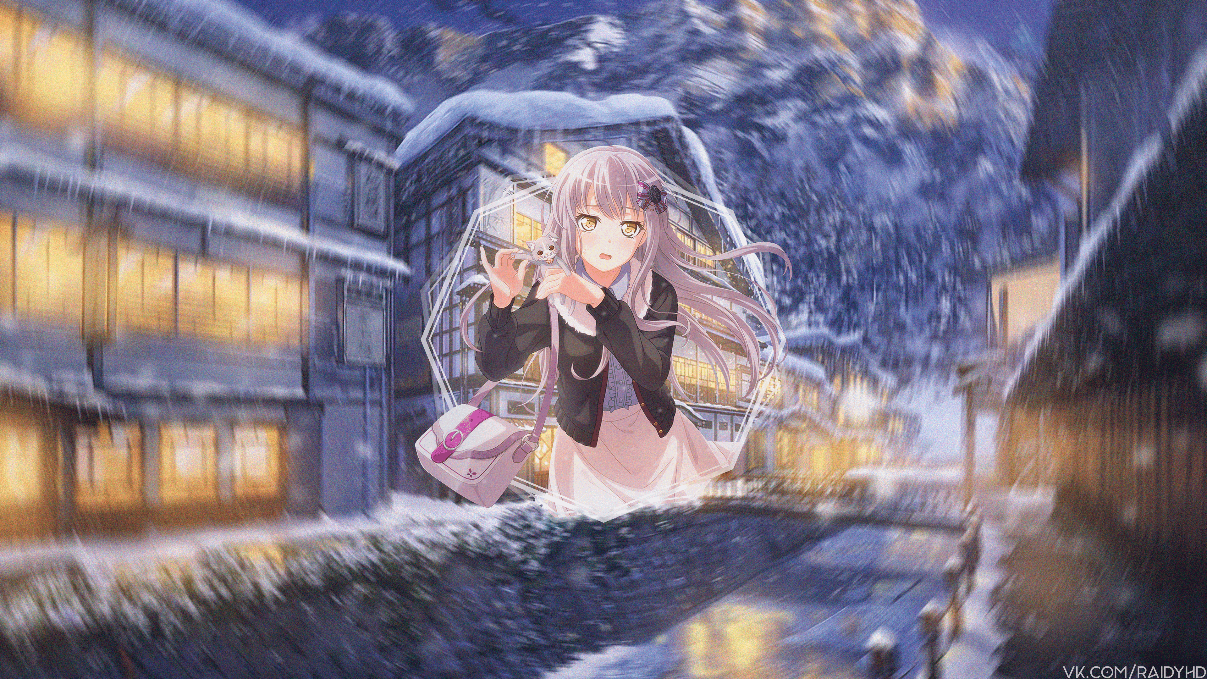 4K Anime Girl with Cat from BanG Dream! in Winter Town HD Wallpaper