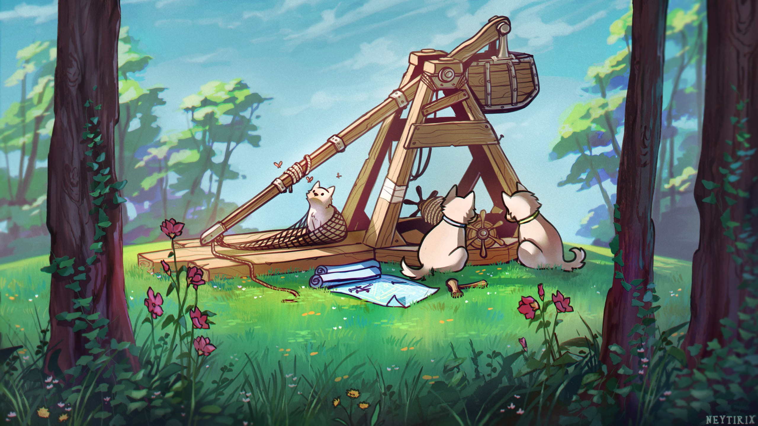 Dogs and cat operating a trebuchet with blueprints HD Wallpaper
