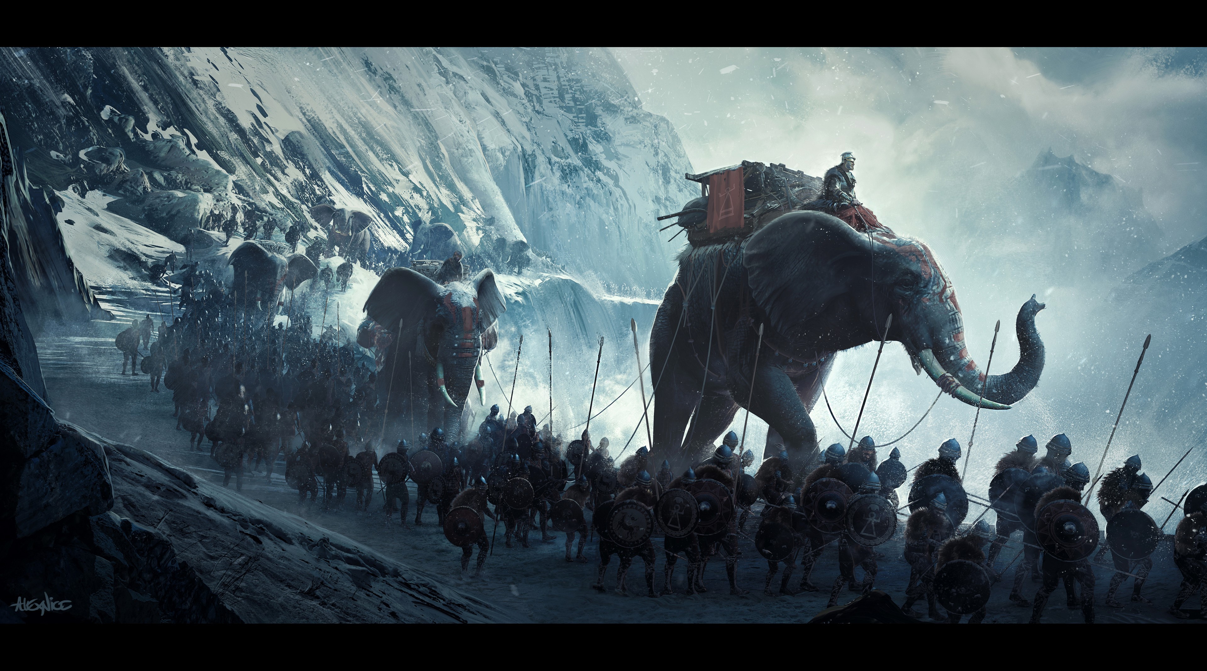 4K fantasy art army with elephants in mountains HD Wallpaper