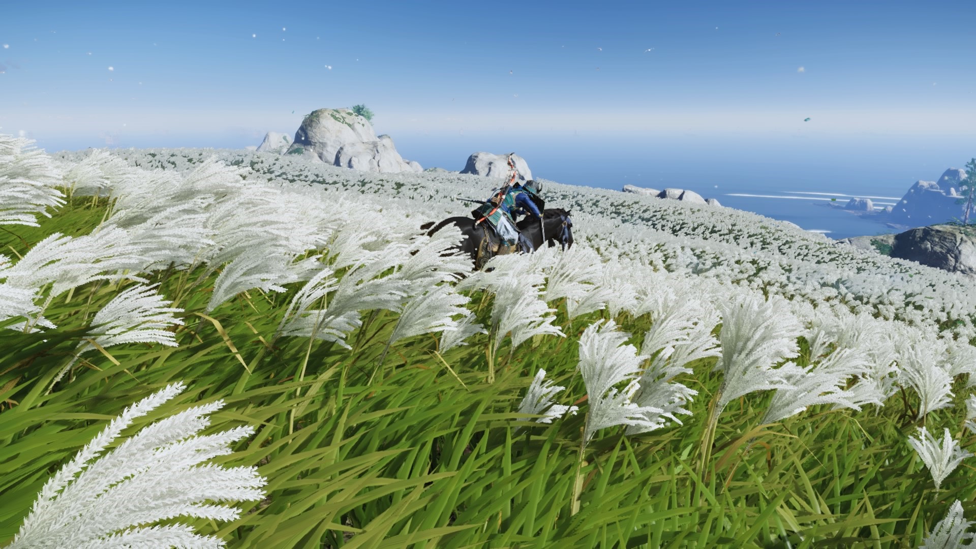 Ghost of Tsushima: Samurai on horseback in a field of pampas grass HD Wallpaper