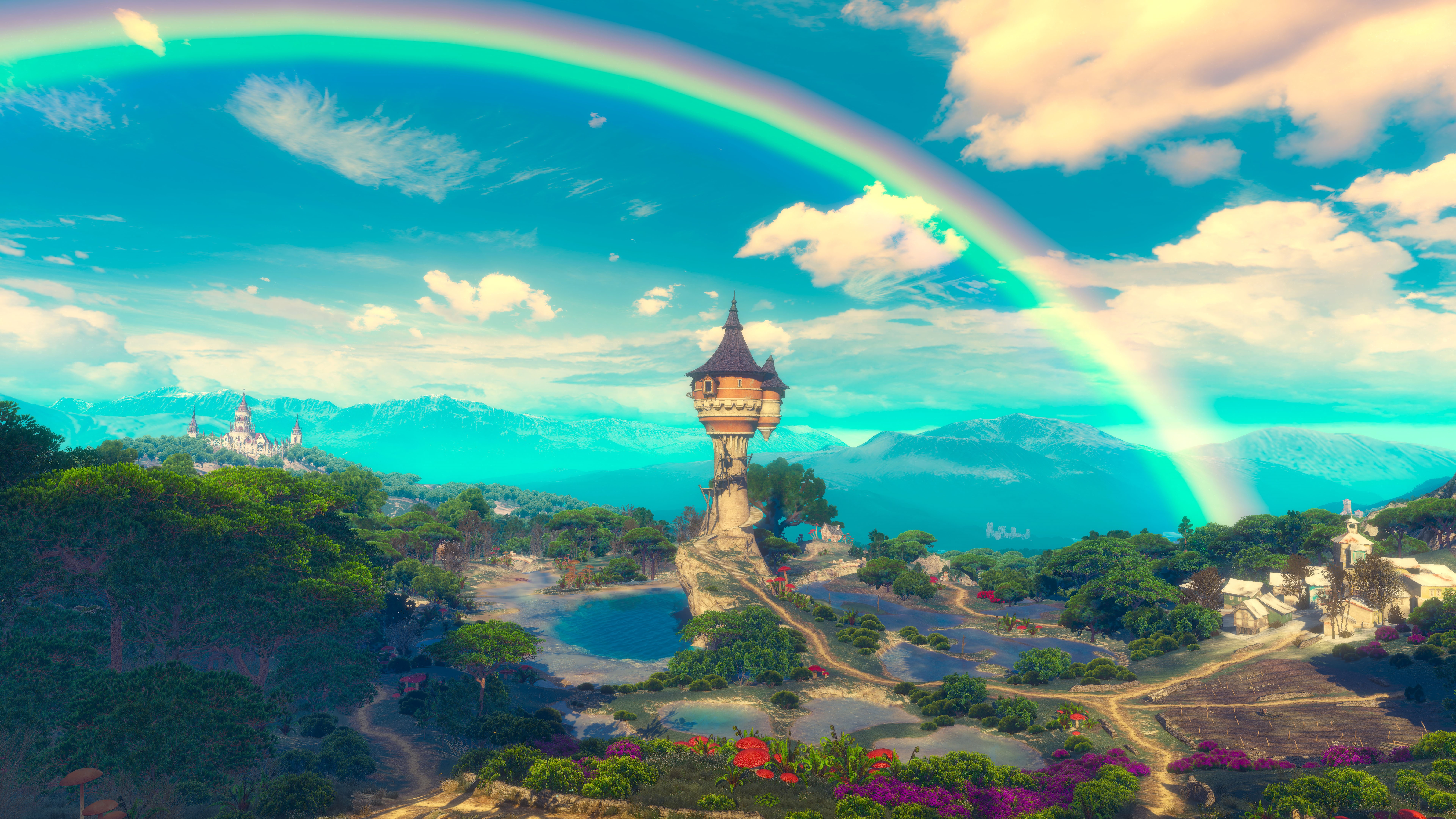 Fantasy landscape with rainbow and tower HD Wallpaper
