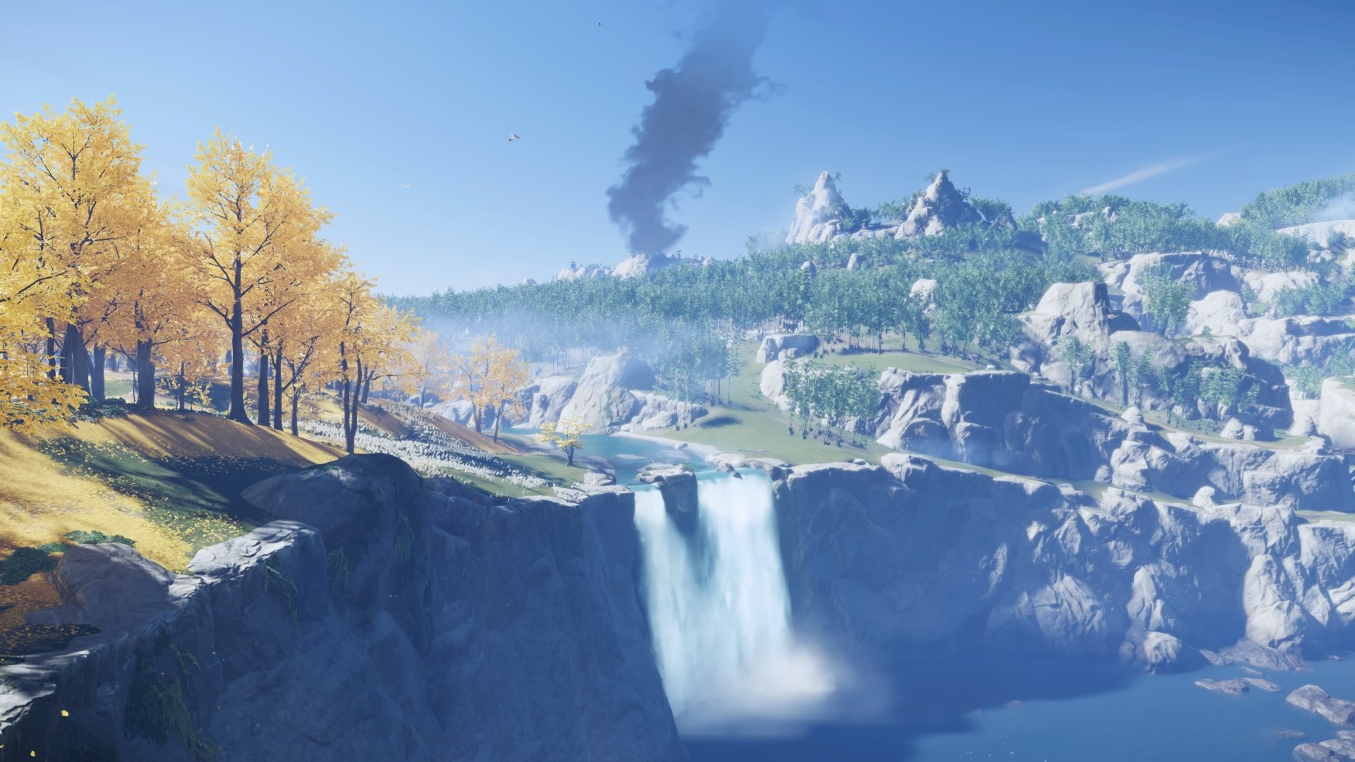 Ghost of Tsushima landscape with waterfall and smoke plume HD Wallpaper