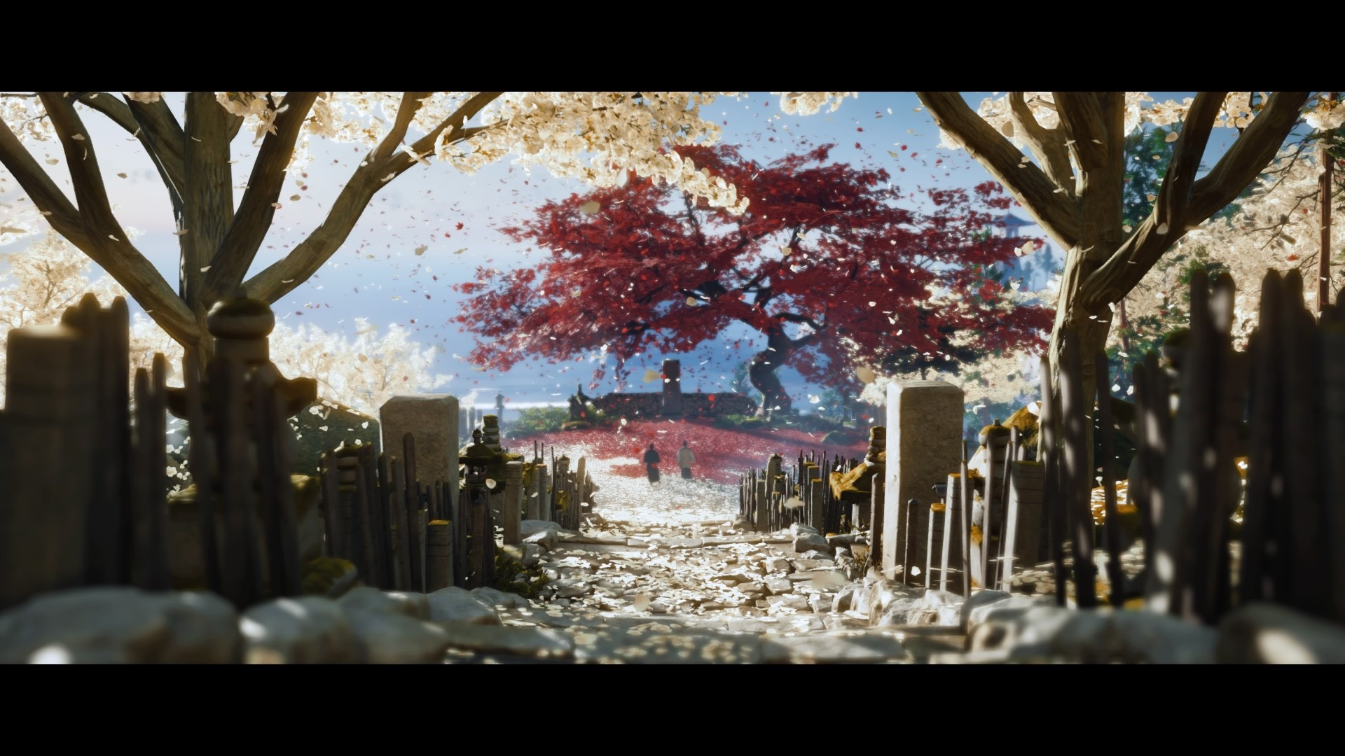 Ghost of Tsushima scene with red and white trees HD Wallpaper