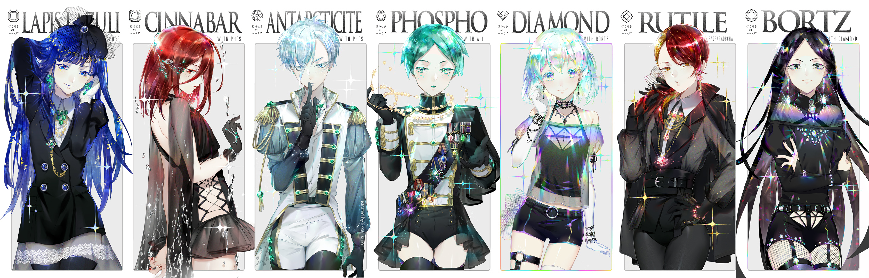 Houseki no Kuni characters: Lapis Lazuli, Cinnabar, Antarcticite, Phosphophyllite, Diamond, Rutile, and Bortz HD Wallpaper