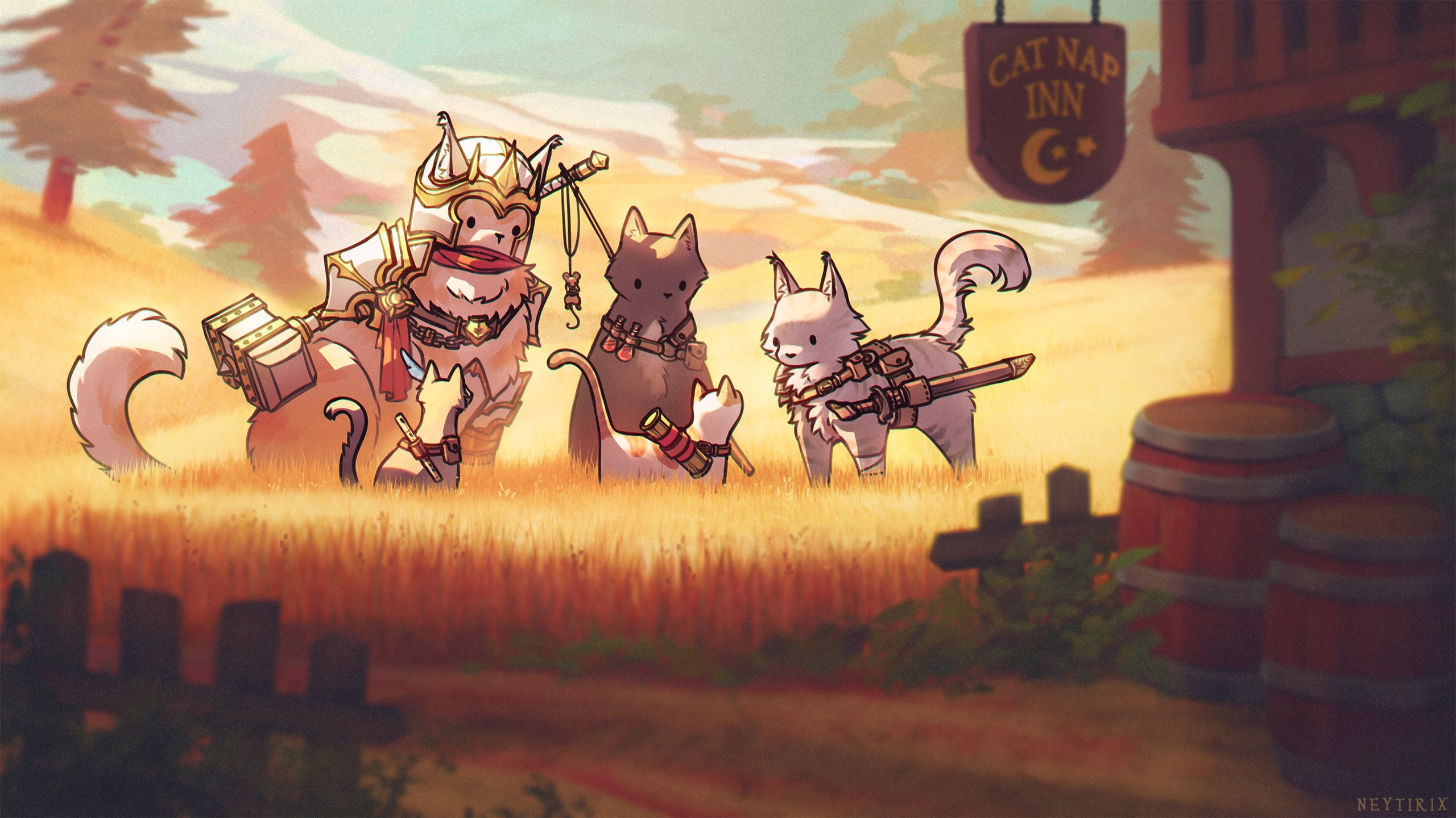 Adventuring cats in a field near the Cat Nap Inn HD Wallpaper
