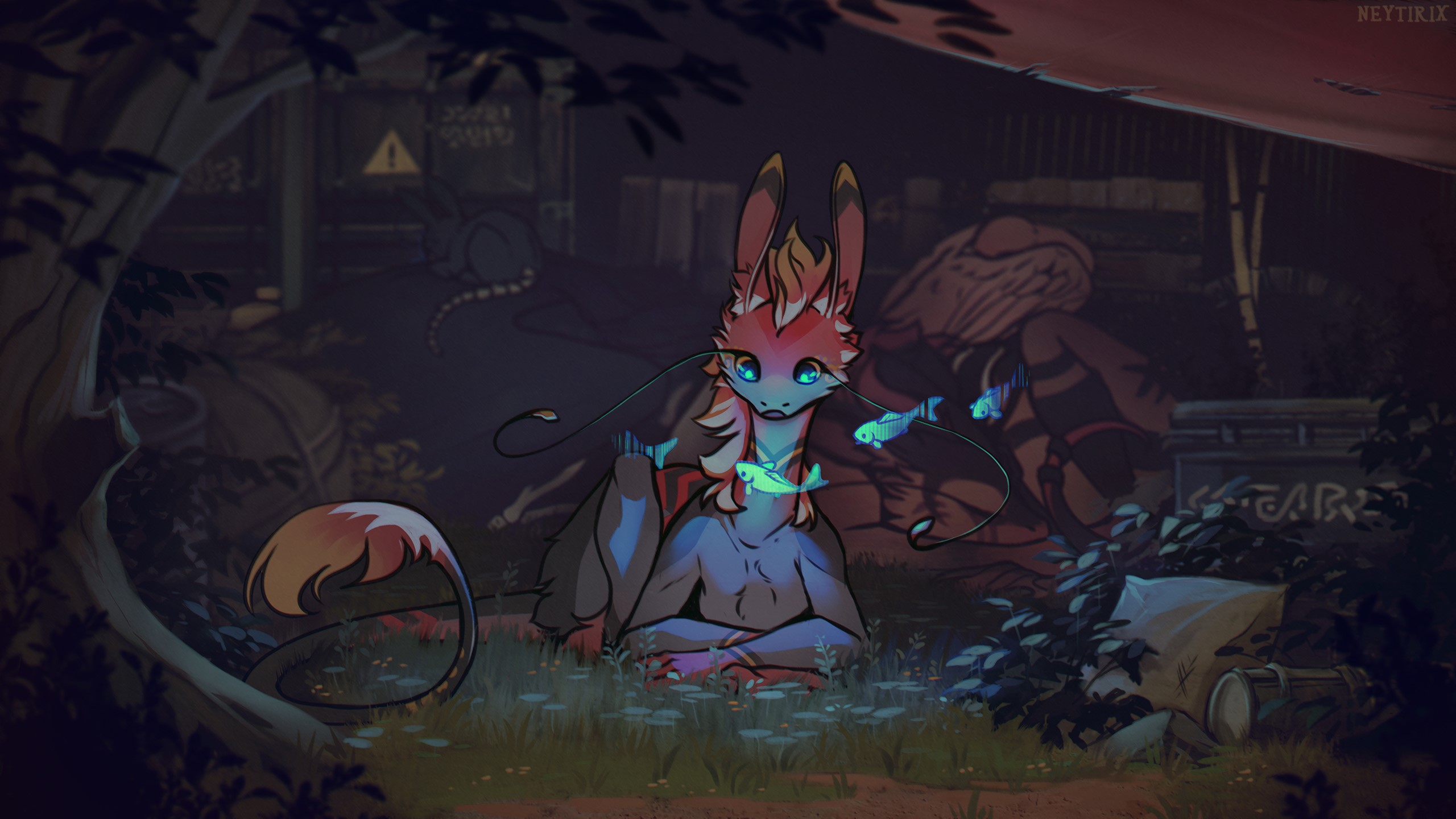 Anthropomorphic creature with glowing fish at night HD Wallpaper