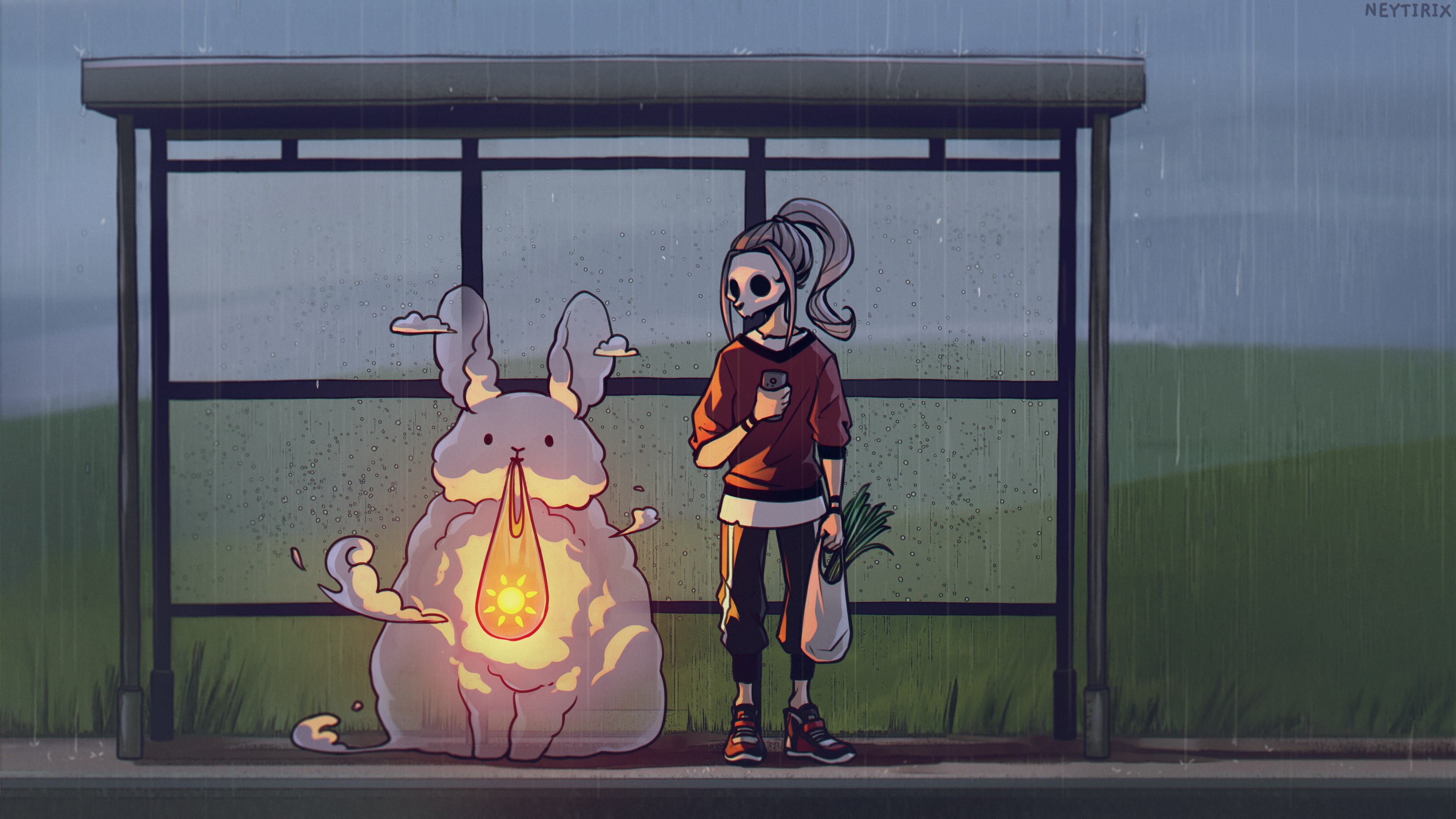 Artwork of a girl and a cloud rabbit at a bus stop in the rain HD Wallpaper