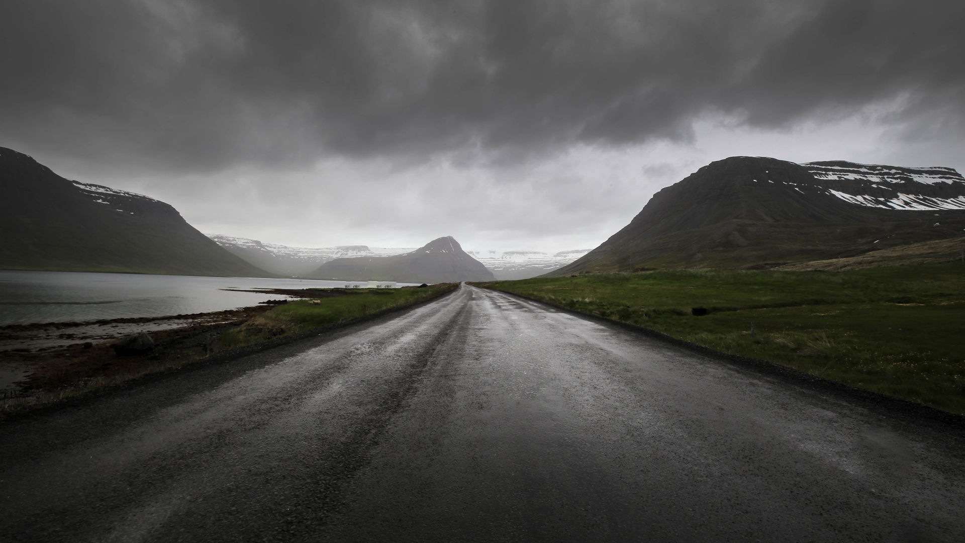 Gloomy Fjord Landscape with Road in Iceland HD Wallpaper