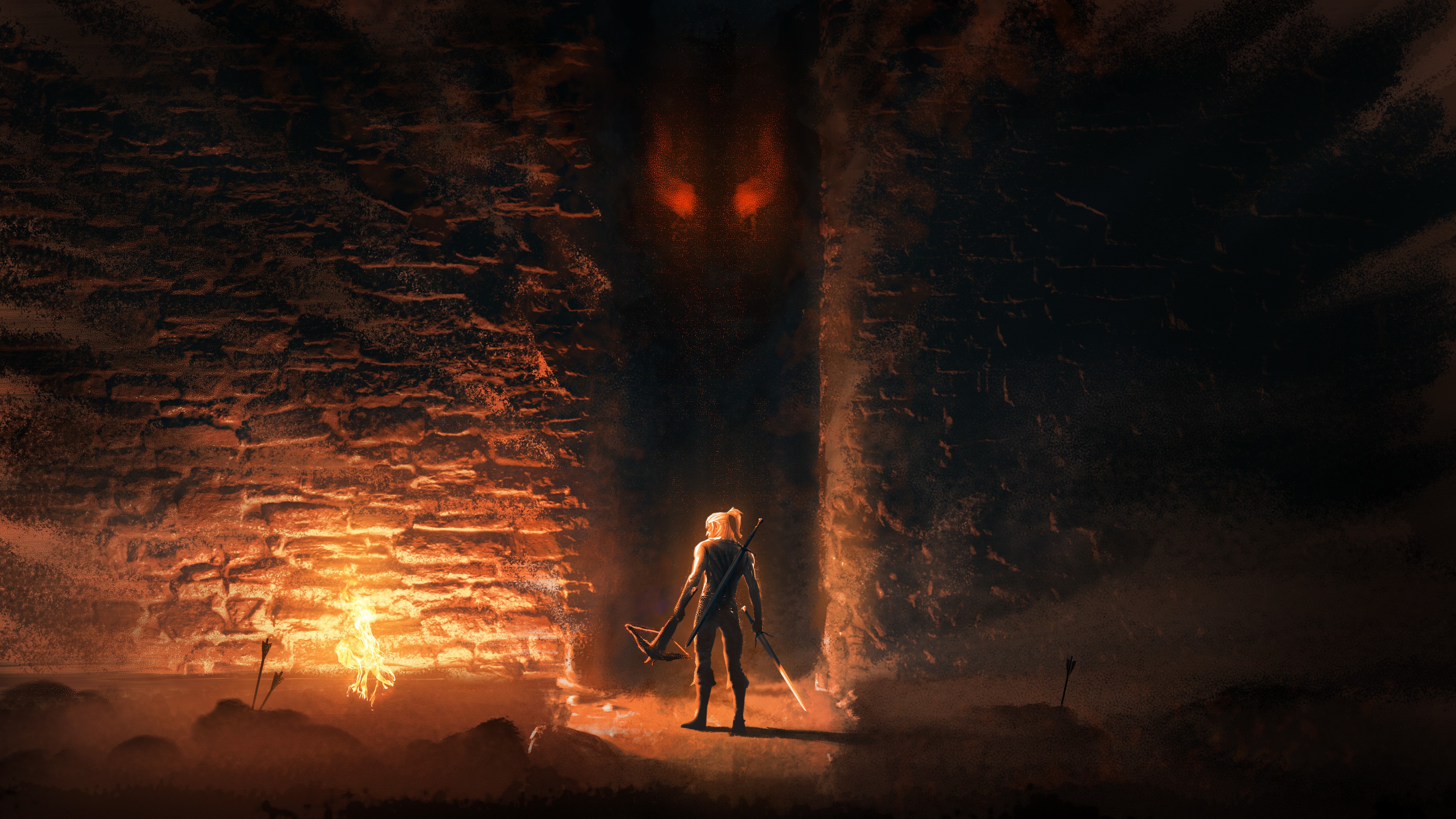 Geralt of Rivia from The Witcher facing a shadowy demon HD Wallpaper