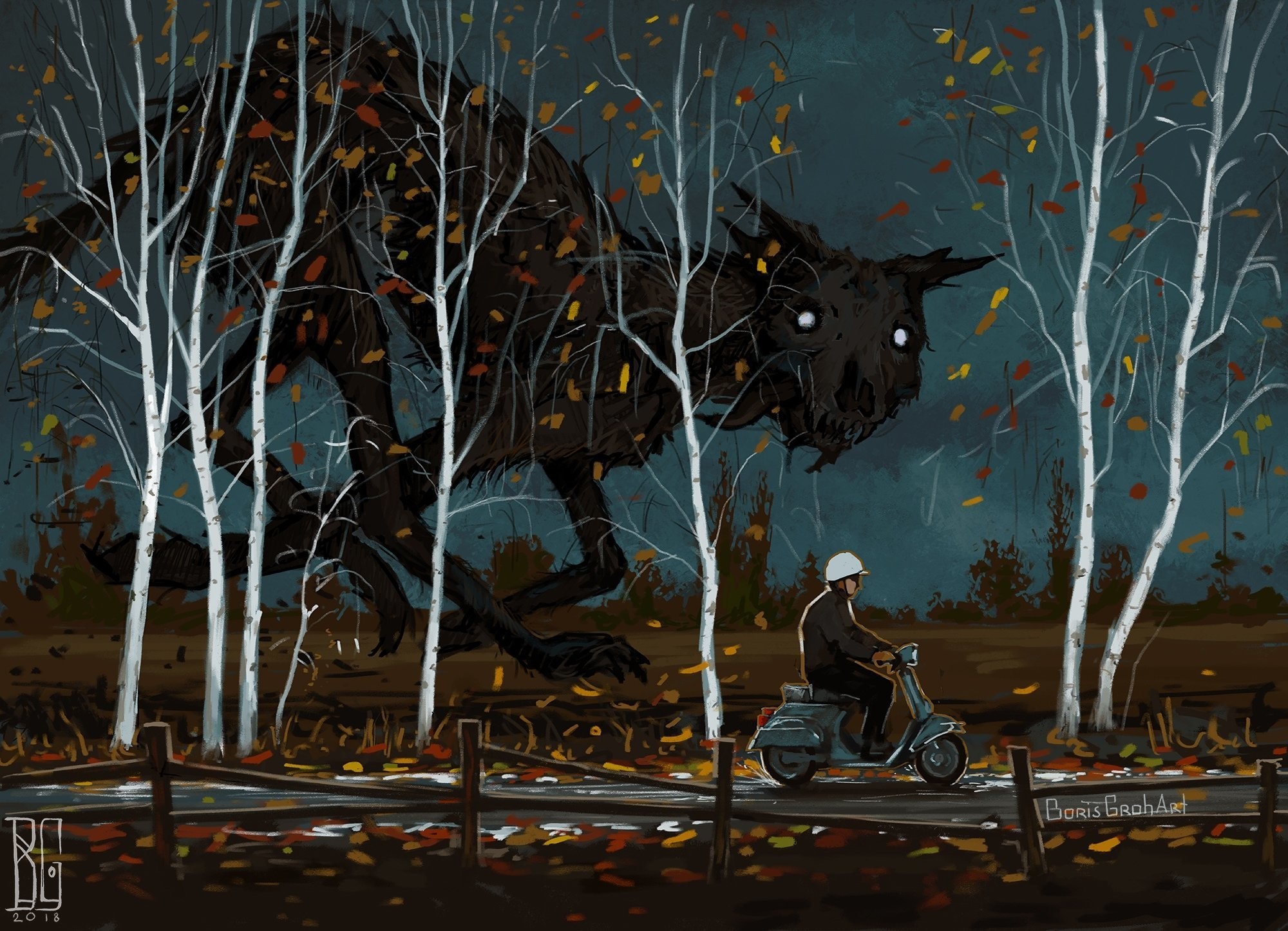 Monster and man on a scooter in autumn woods HD Wallpaper