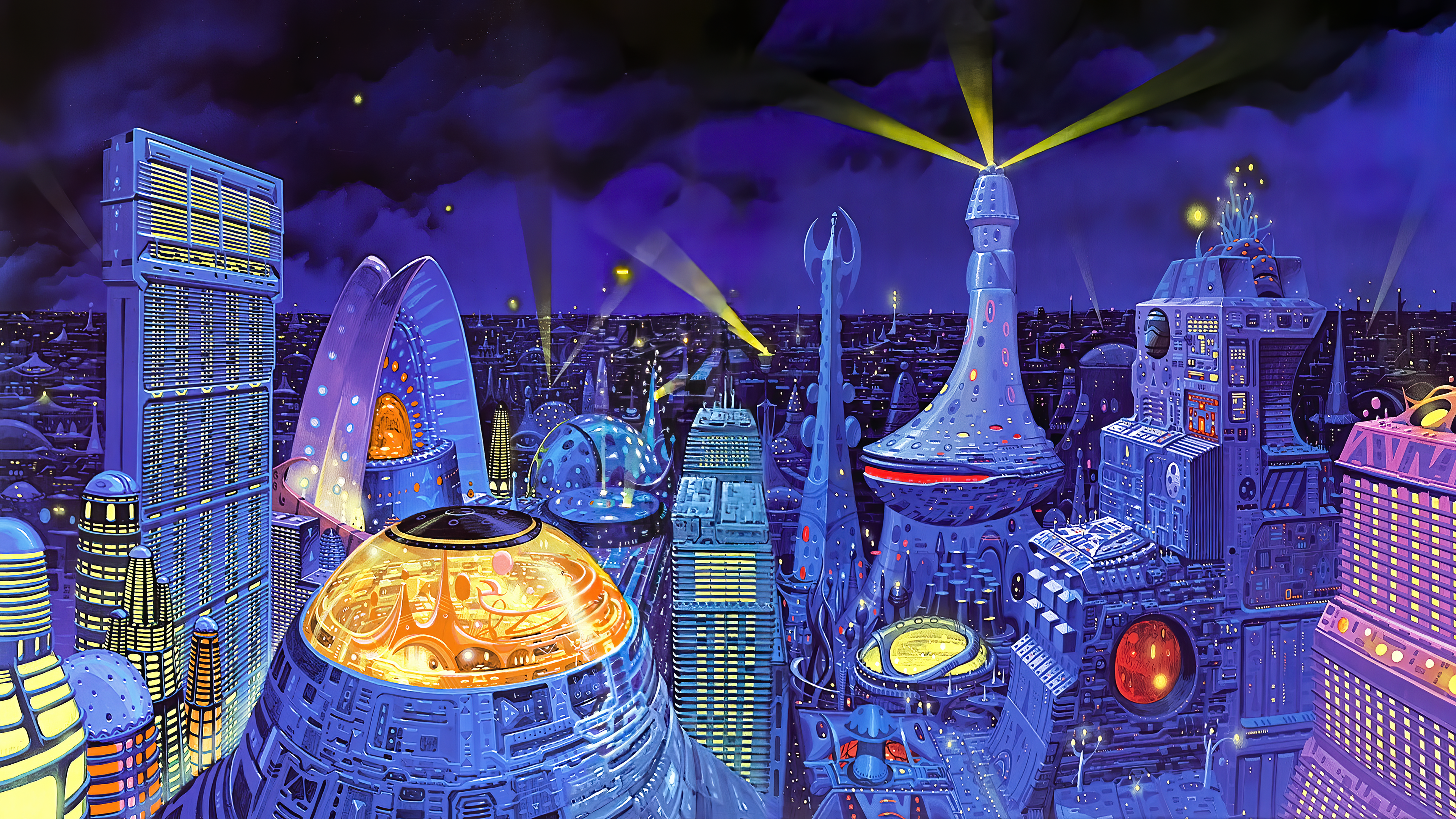 4K artwork of a science fiction city at night by Angus McKie HD Wallpaper
